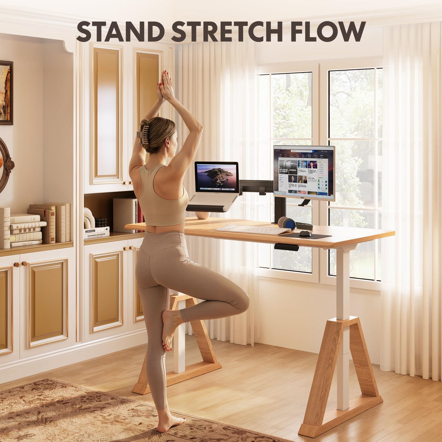 FLEXISPOT 55 x 28 Inch Oak Executive Standing Desk, Dual Motor Electric Height Adjustable Desk, Japanese Minimalist Style Desk for Home Office and Writing, 222 LBS, Natural