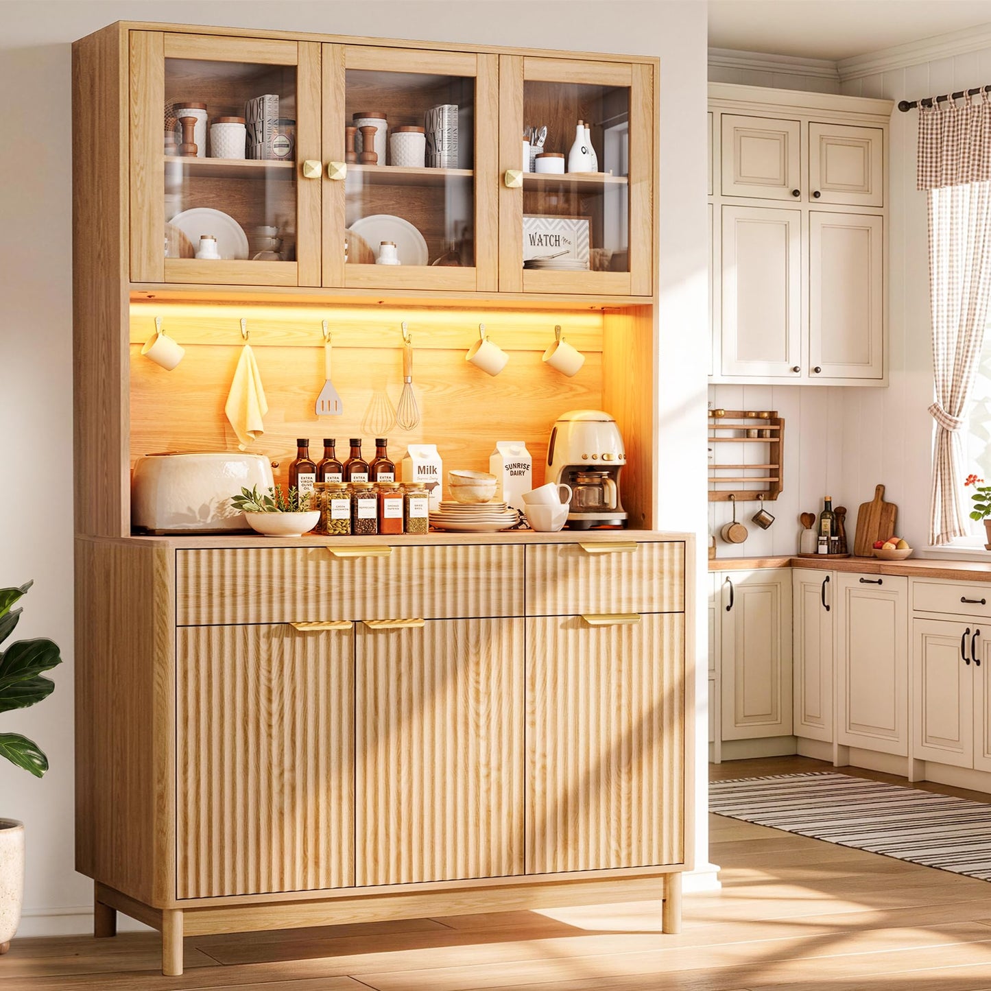 Fkhouse 71'' Fluted Kitchen Pantry Cabinet with Power Outlet & LED Light, Food Kitchen Hutch with Countertop, Wood Pantry Storage Cabinet with a Drawer & Shelves for Living Room, Dining Room, Natural
