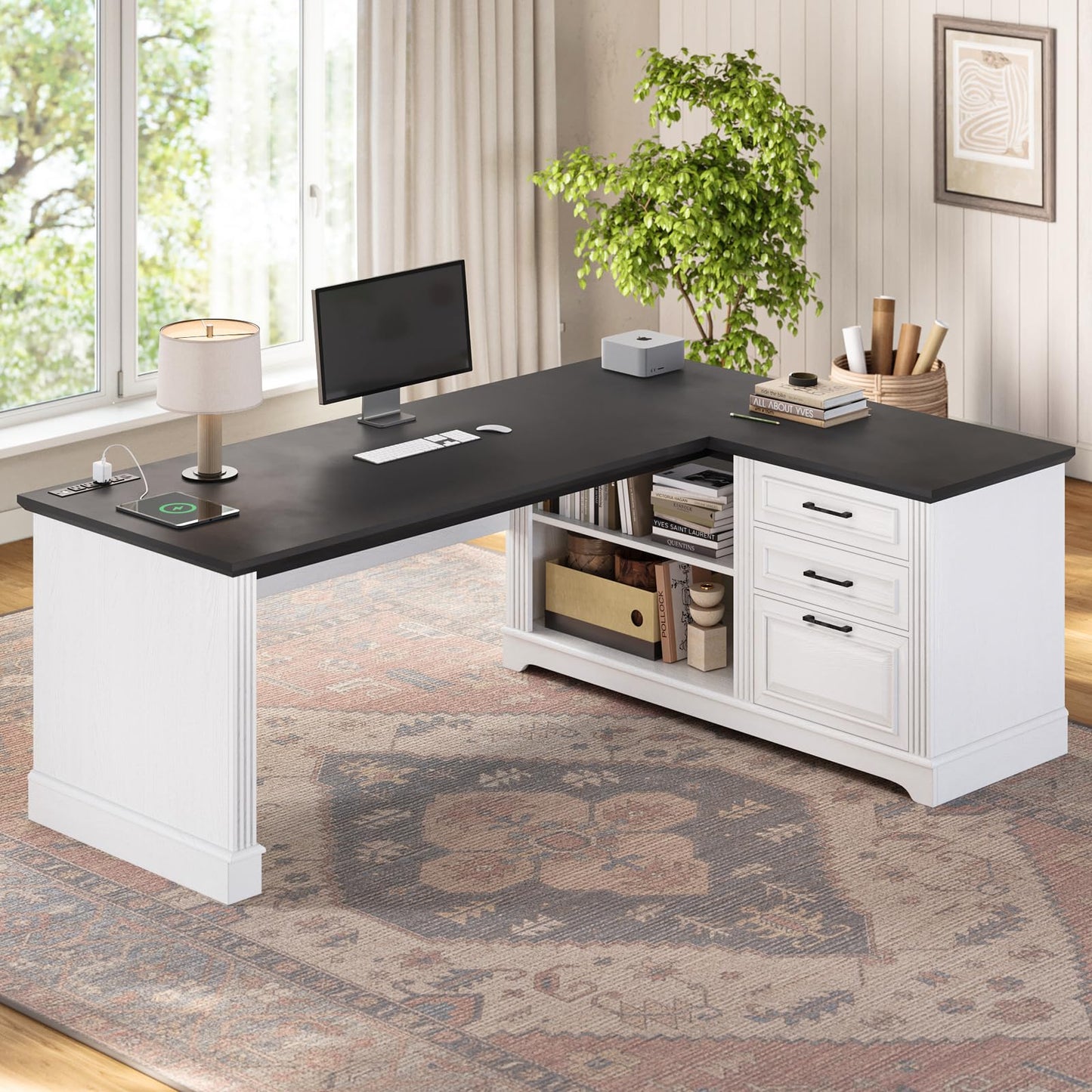SEDETA Farmhouse 61" Executive L Shaped Desk, Home Office Desk with File Drawers, Computer Desk with Power Outlets and Storage Shelves for Home Office, White