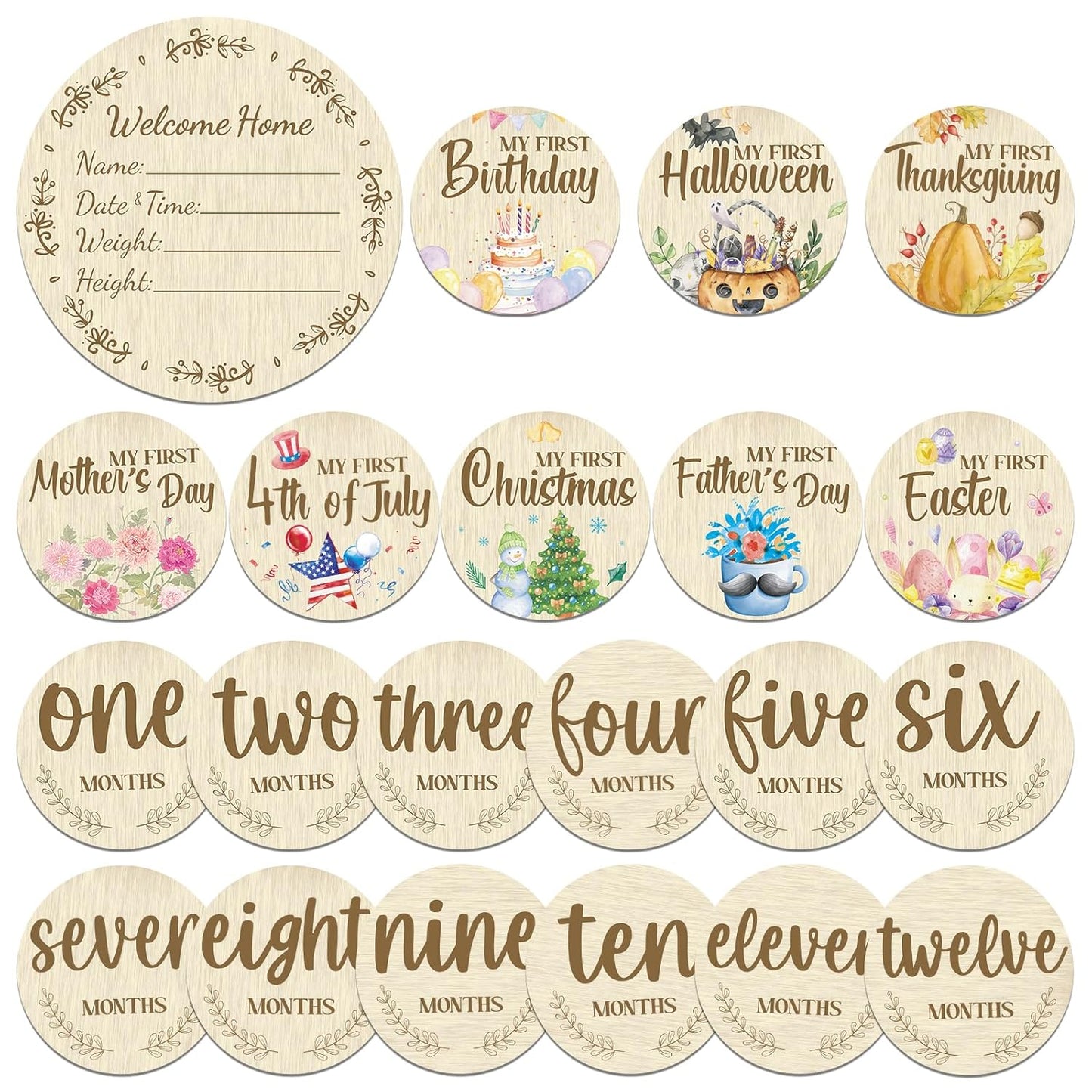 Threetols 11PCS Wooden Baby Monthly Milestone Cards Sign, Double Sided Newborn Photography Prop Pregnancy Journey Baby
