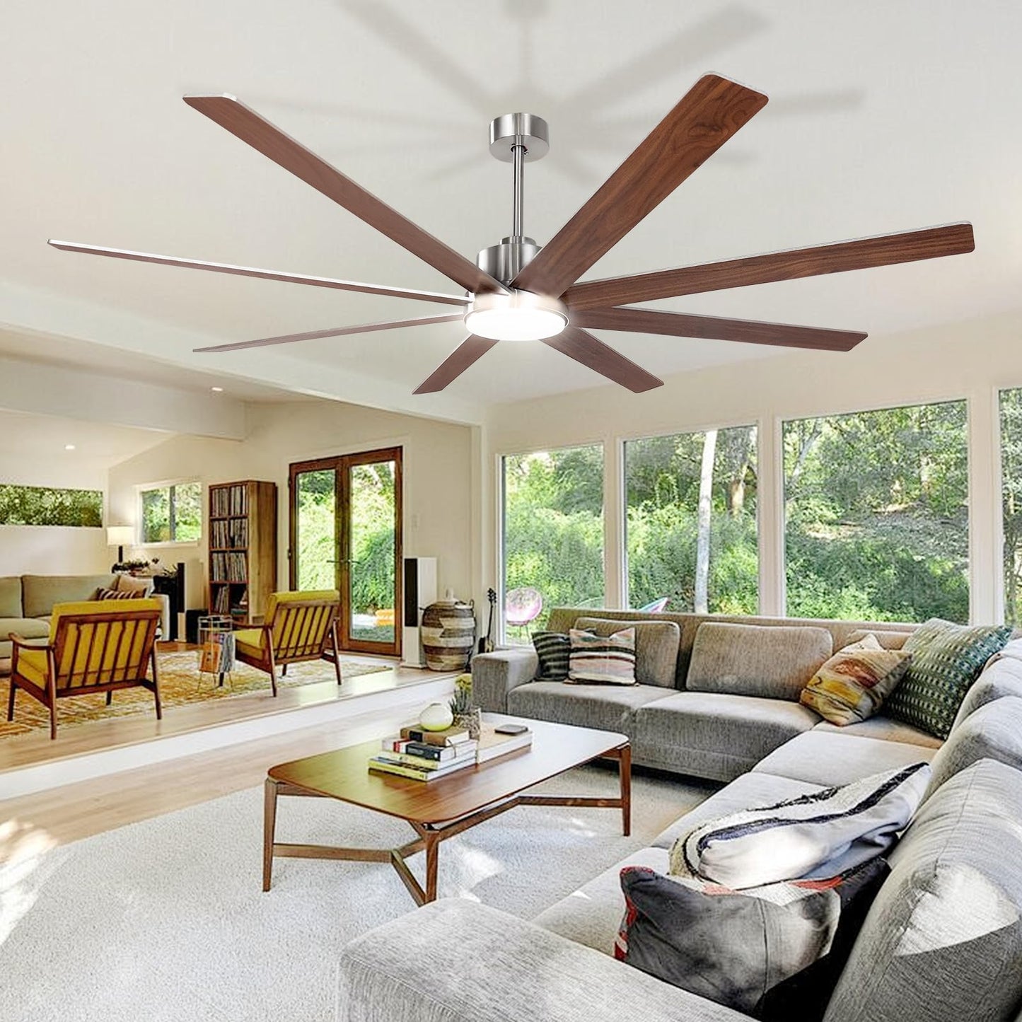 Minislak 72Inch Large Brushed Nickel Ceiling Fans with Light and Remote Control,8 Wooden Blades,6-Speeed,3CCT,Quiet Reversible DC Motor,Indoor Outdoor Ceiling Fan for Patio/Living Room/Garden