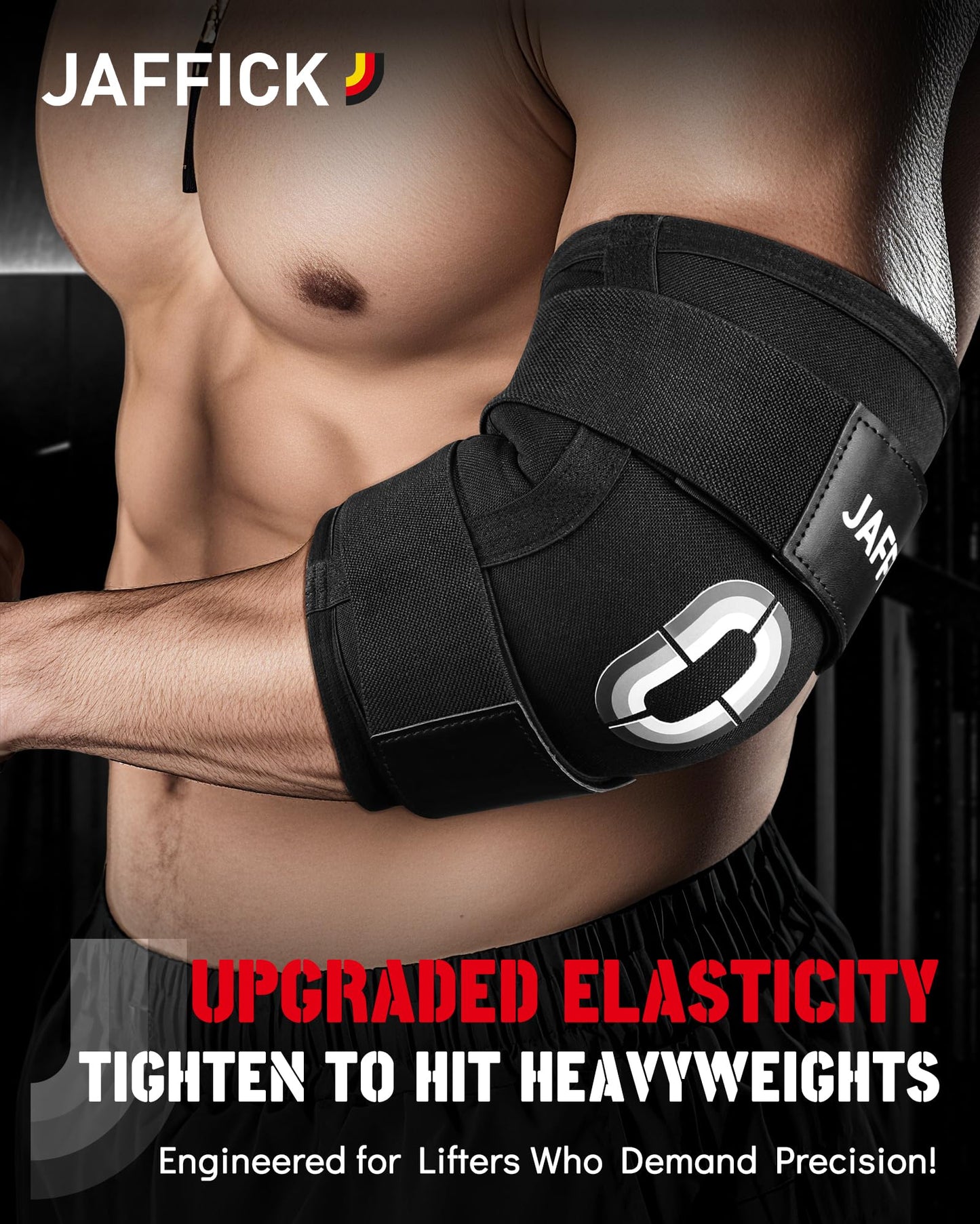 Jaffick Weightlifting Elbow Brace (1 Pair) - Elbow Sleeve with Dual Adjustable Compression Straps for Bench Press, Powerlifting, Pressing, Men & Women(Black, M)