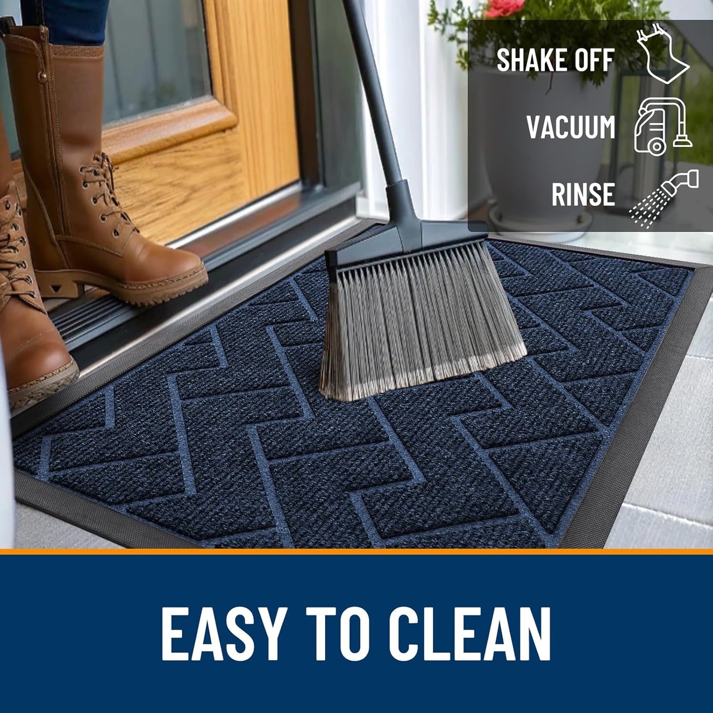 OLANLY Waterproof Front Door Mat | All-Season Herringbone Design | Easy Clean Natural Rubber | 29.5"x17" (Blue)