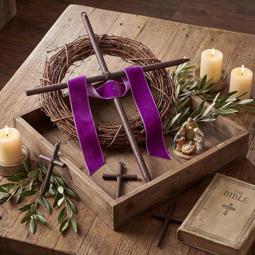 Dingion Mini Crown of Thorns Nail Cross Wreath Decor - Purple Velvet Ribbon, 7in Christian Catholic Design