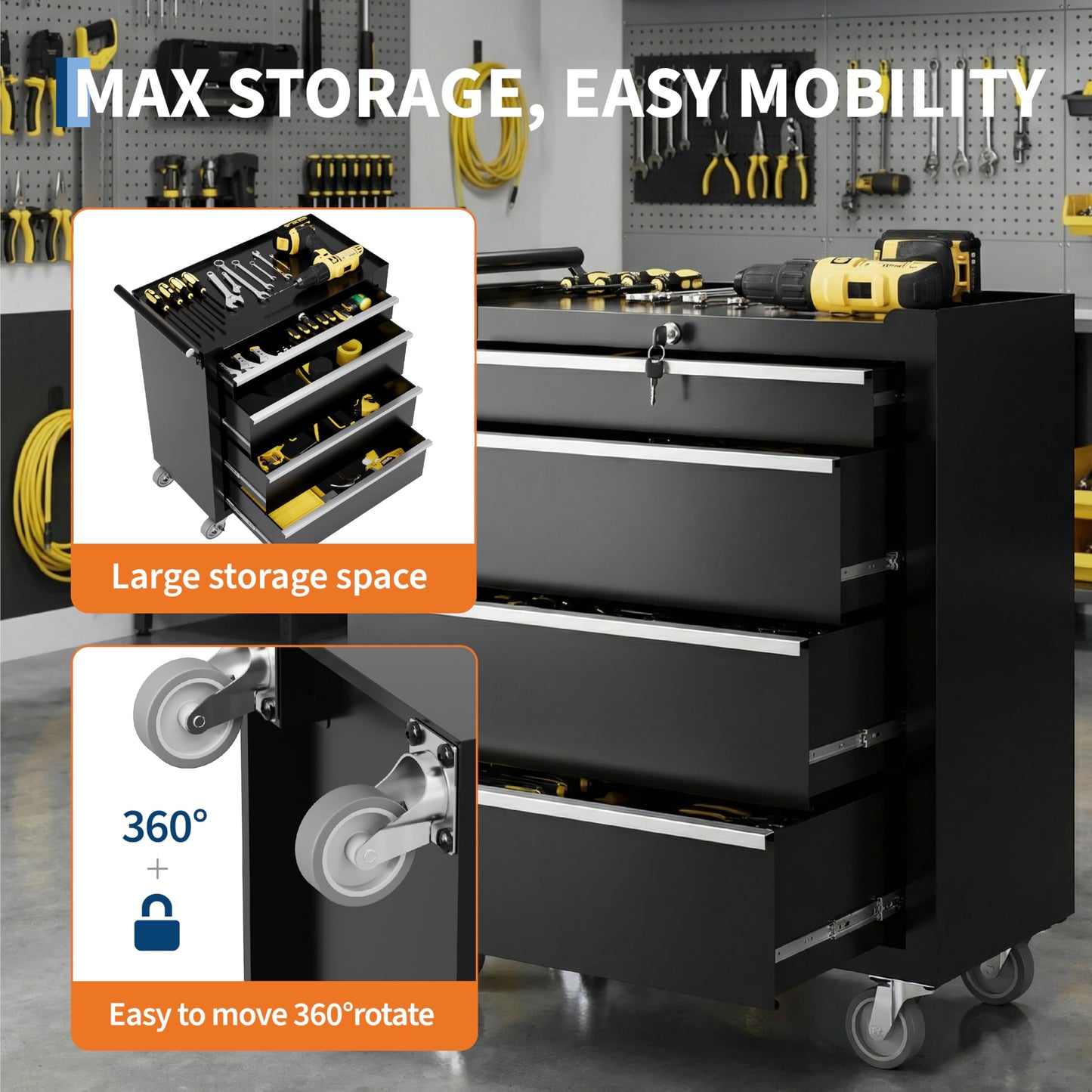 Garvee Rolling Tool Chest, 4 Drawers Tool Storage Cabinet, Toolbox with Wheels, Portable Tool Cabinet Organizer with Locking System & Drawer Liners, Tool Storage Cart for Garage, Workshop, Black