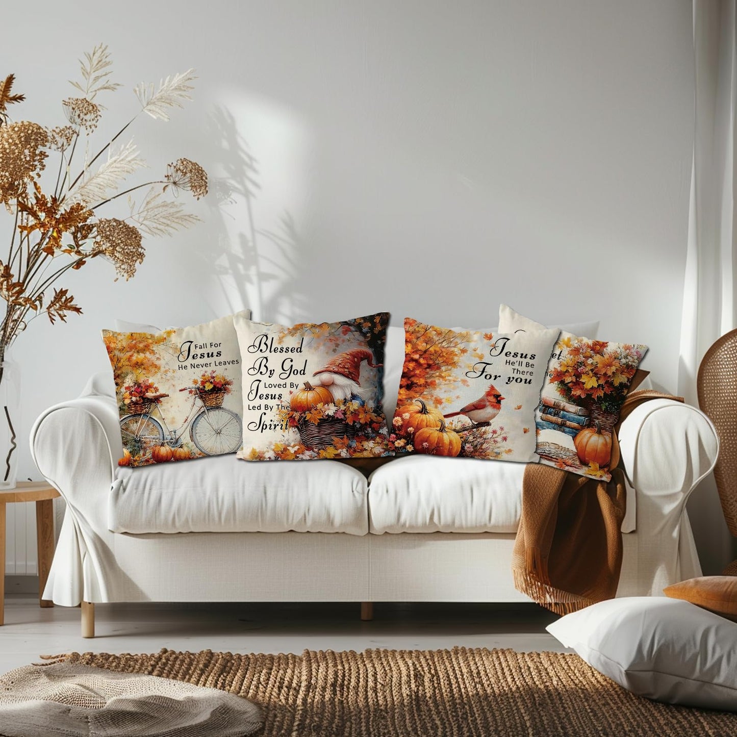 QIONG MENG Fall Pillow Covers 18x18 Inch Set of 4 Christian Jesus Religious Throw Pillowcase Catholic Spiritual Cardinal Decorative Cushion Case Autumn Harvest Soft Home Farmhouse Decorations