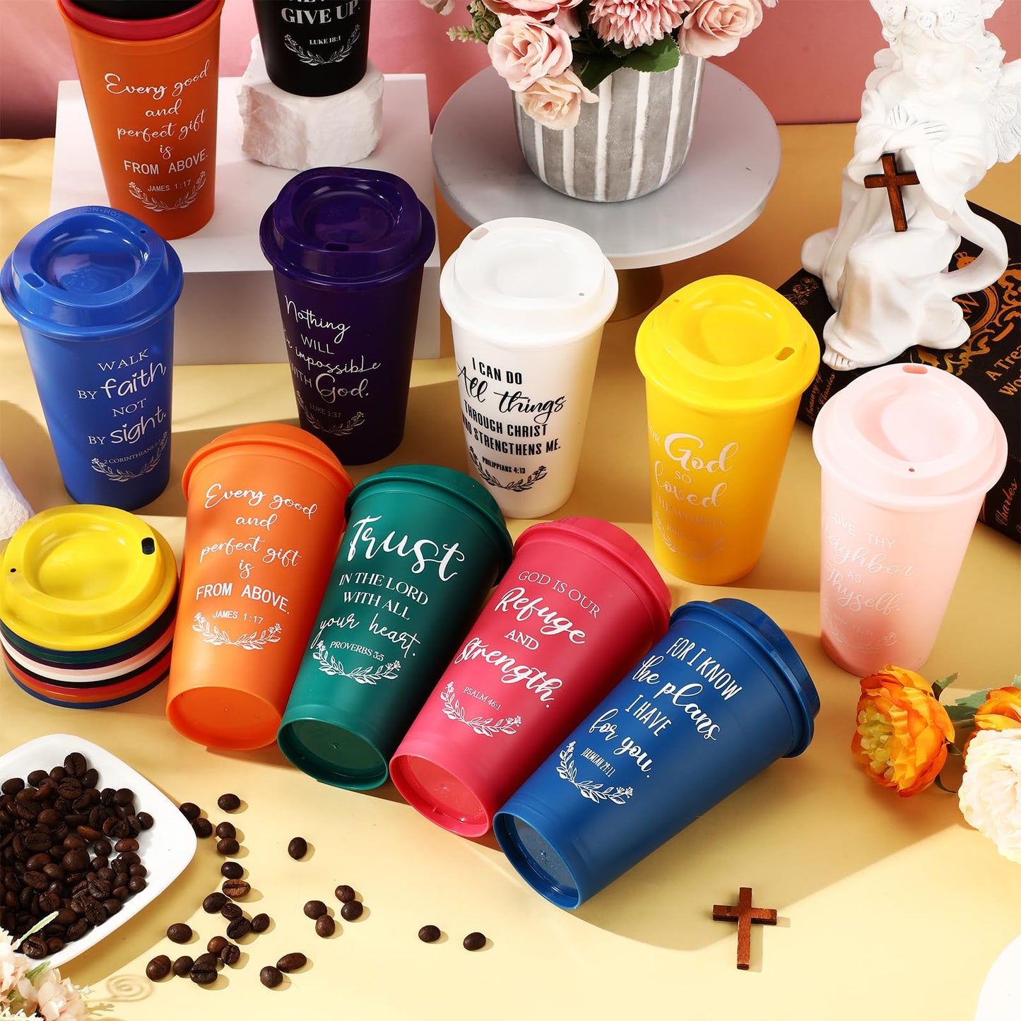 Skylety 20 Pack Christian Gifts for Men Women 16oz Reusable Bible Verse Tumbler Bulk Plastic Coffee Cup with Lid Inspirational Religious Church Gift for Mother Father Birthday (Multicolor)