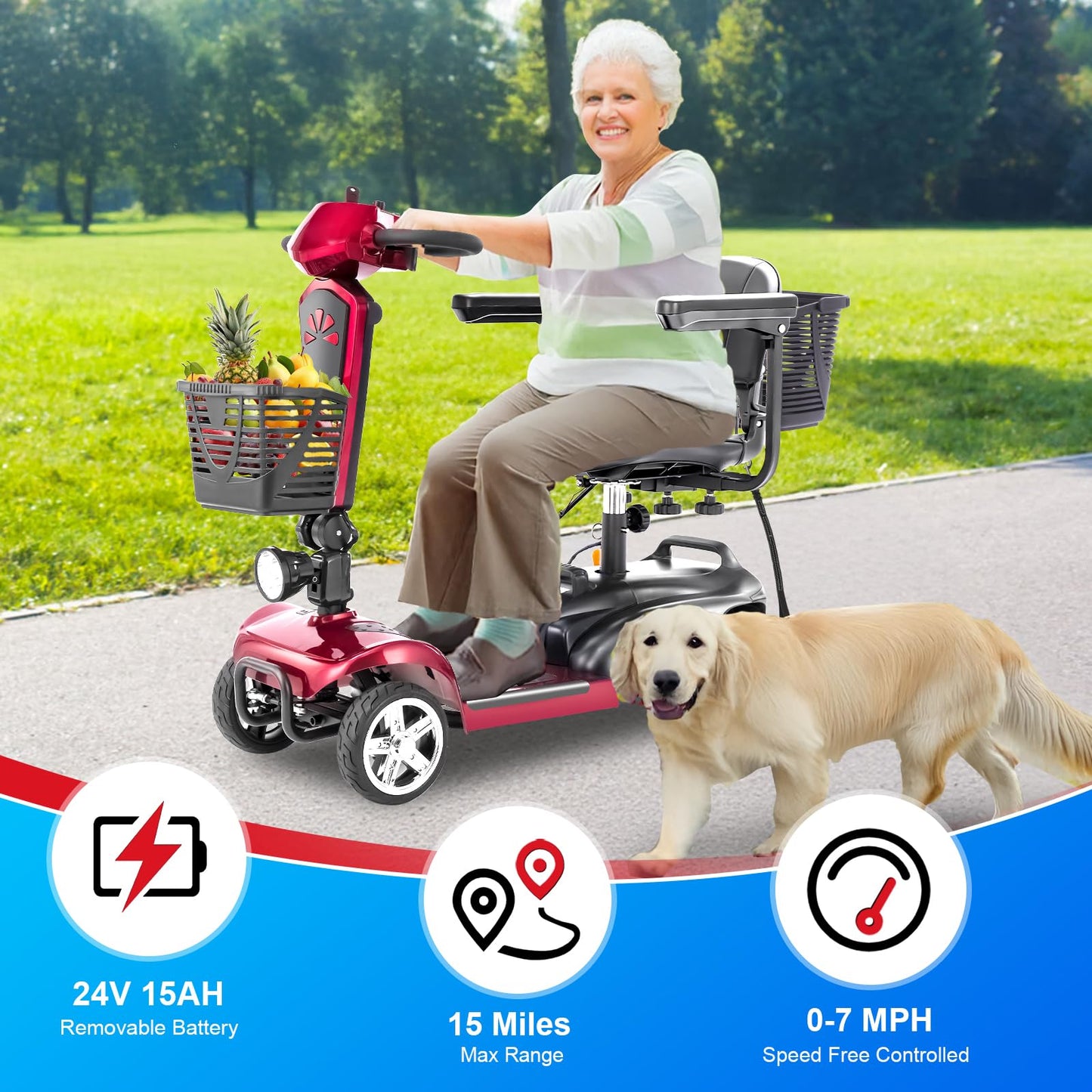Eldryvon Mobility Scooter for Adults, 15/25/30/50 Miles Long Range, Foldable Electric Scooter for Seniors, Compact Heavy Duty Mobile for Travel, 300Lbs All Terrain, Rotating Wide Seat, Dual Baskets