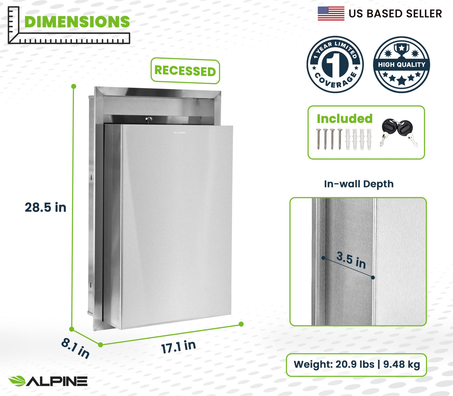 Alpine Recessed Waste Receptacle - Large 12 Gallon Brushed Finish Stainless Steel Mounted in Wall Trash Can for Commercial Bathrooms in High Traffic Areas Like Restaurant, Airport, Hotel, School