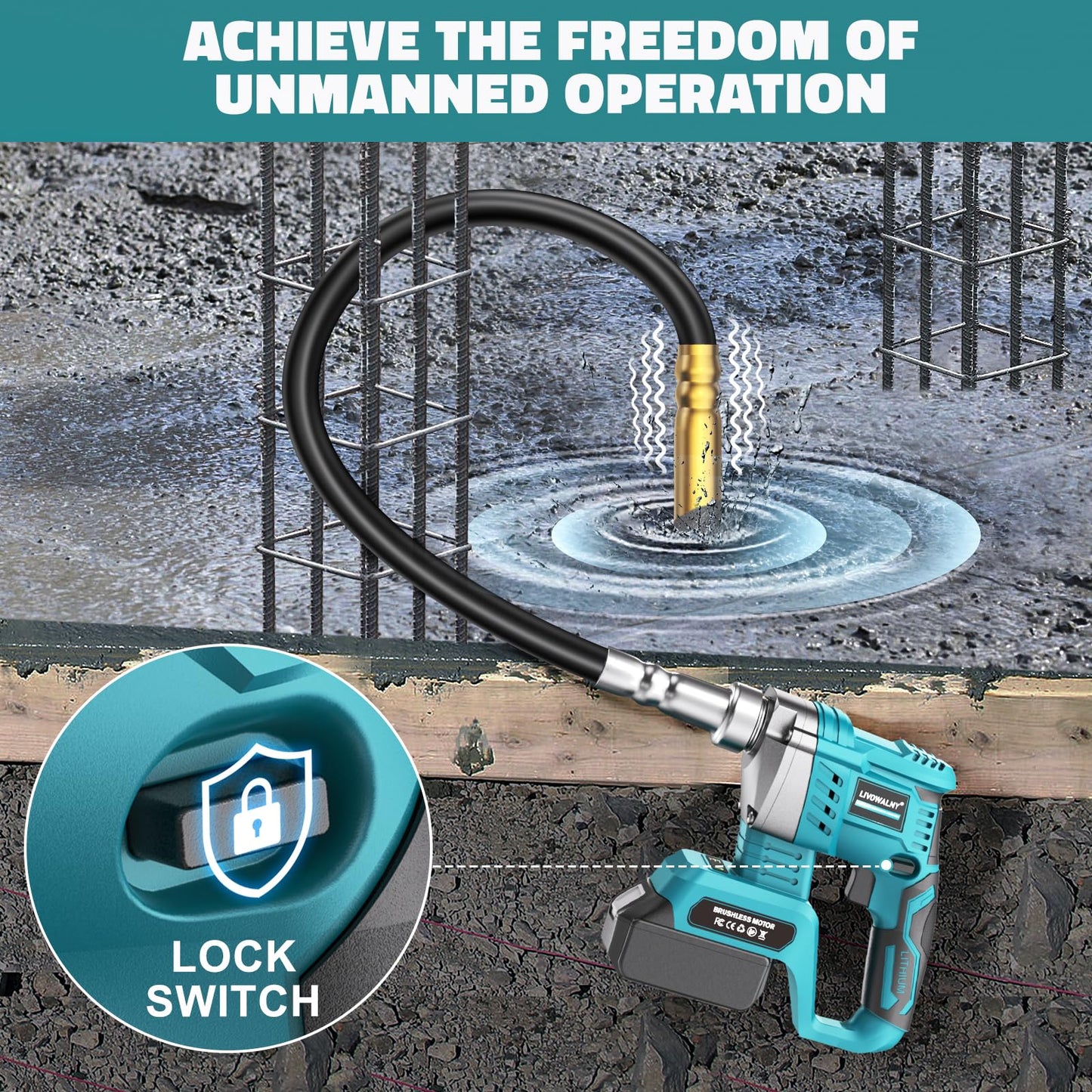 LIVOWALNY Handheld Concrete Vibrating Tool Compatible with Makita 18V Battery(Tool Only), 600W Cordless Electric Concrete Vibrator w/3.8ft Shaft Rod, Portable Pencil Cement Vibrarator Remove Bubble