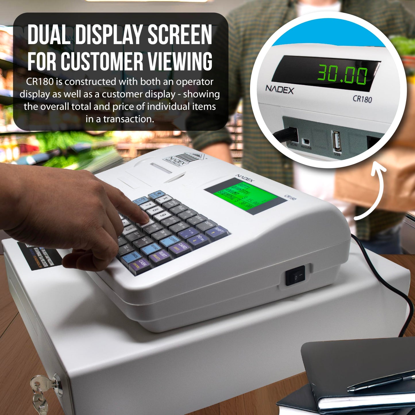 Nadex CR180 Electronic Cash Register, Steel Cash Drawer, Compact Design, White