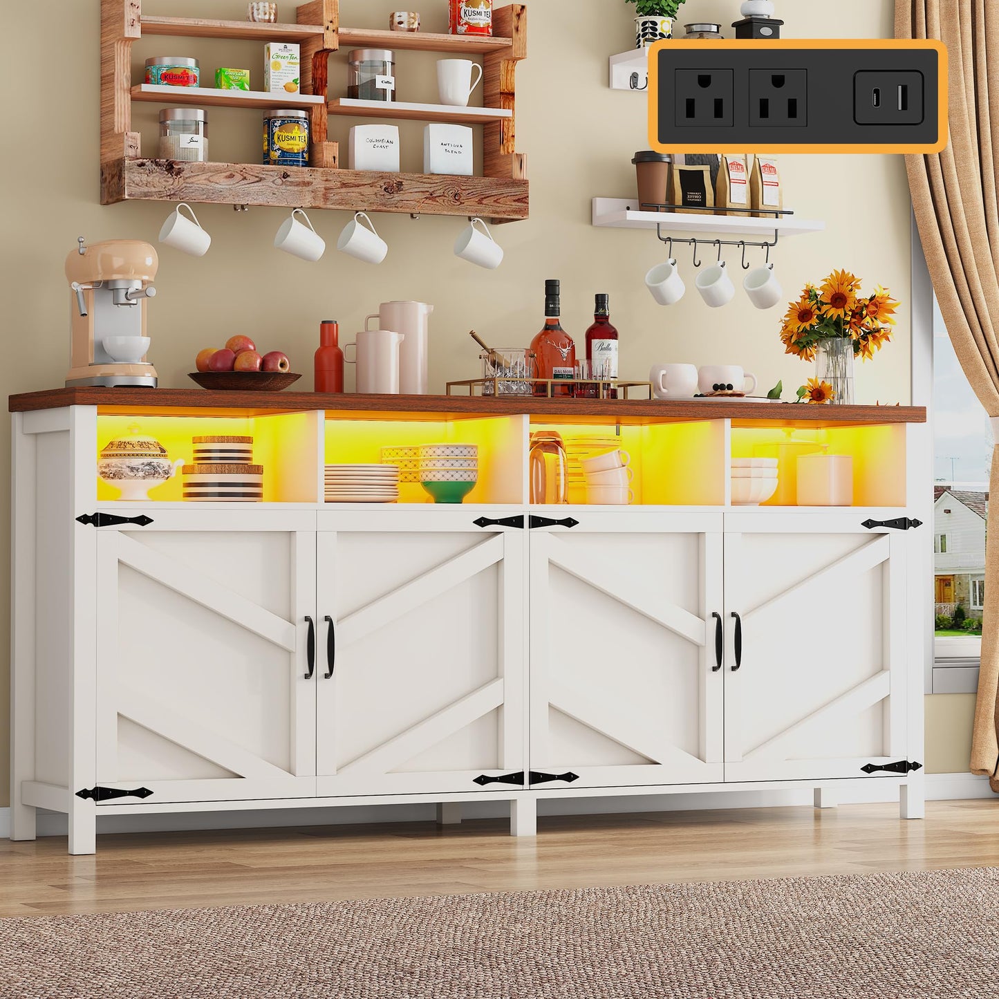 knoworld 63'' Buffet Sideboard with Storage with Power Outlets & LED Light 4 Doors, Large Farmhouse Kitchen Storage Cabinet Wood Coffee Bar Cabinet Buffet Table for Kitchen, Dining Room, Entryway