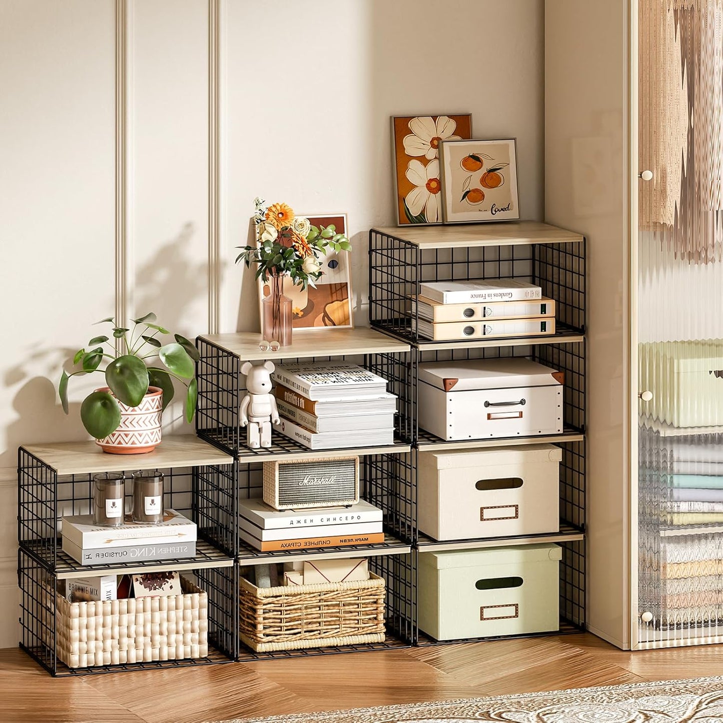 Sturdy Metal Closet Organizers by [Brand Name] - Extra-Long Stackable Storage Bins | Space-Saving Black Design, 3 Pack