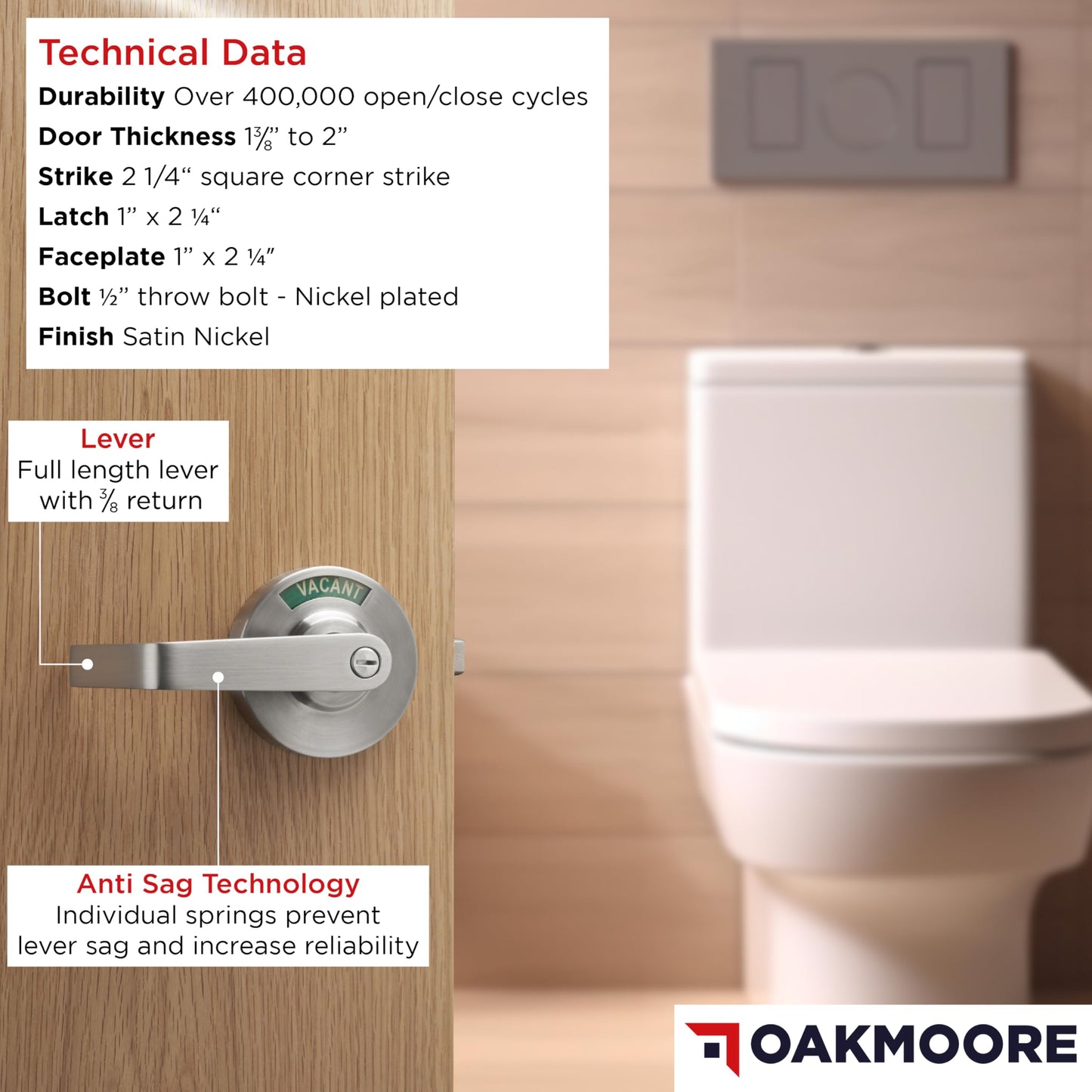 OAKMOORE Commercial Bathroom Door Handle with Indicator Lock | Privacy Commercial Locks for Public Restrooms | Vacancy Indication Occupied Deadbolt | Industrial Door Handle Bathroom Door Lock