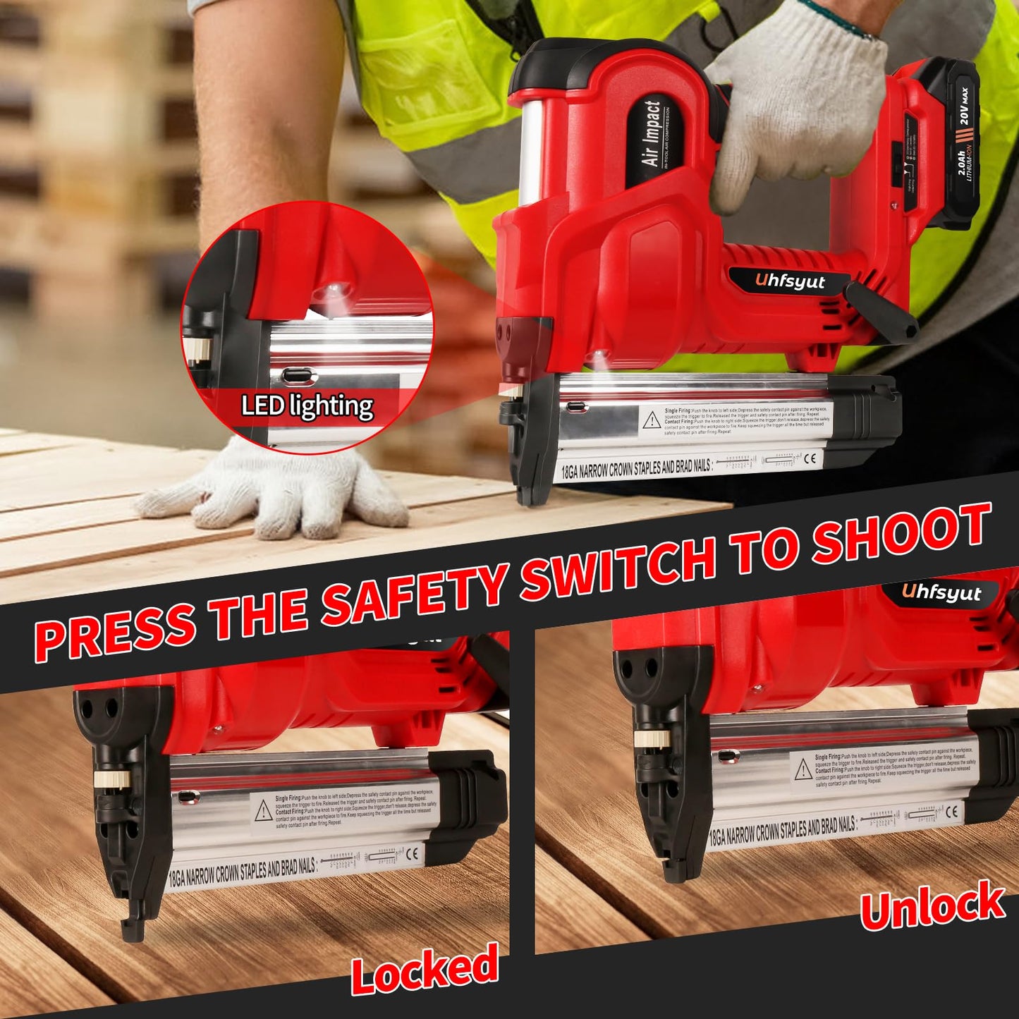 Uhfsyut 20V Cordless Brad Nailer Stapler - 2-in-1 Heavy Duty Battery Nail Gun with 2000 Nails & Adjustable Depth Control for Professional Woodworking & Home Renovation (One Battery Set)