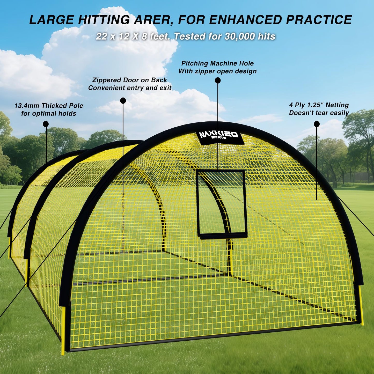 NaxKizo Upgraded 22ft x 12ft x 8ft Baseball & Softball Batting Cage Net with Pitching Machine Hole, 4ply 1.25'' Anti-Tear Netting, 13.4MM Fibreglass Poles, Portable Carry Bag