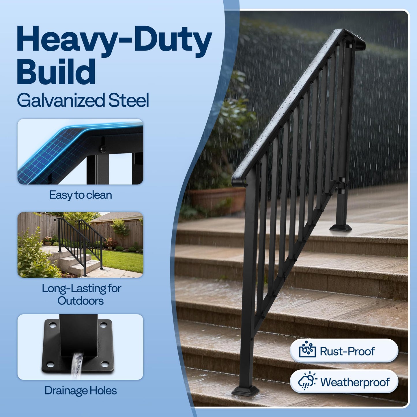 VIVOHOME 2-Pack Galvanized Steel Hand Rails for Outdoor Steps – 54.1" Curved Ends and Safety Balusters Exterior Railing Kit for Porch, Deck, or Indoor Stairs (5-Step, Black)