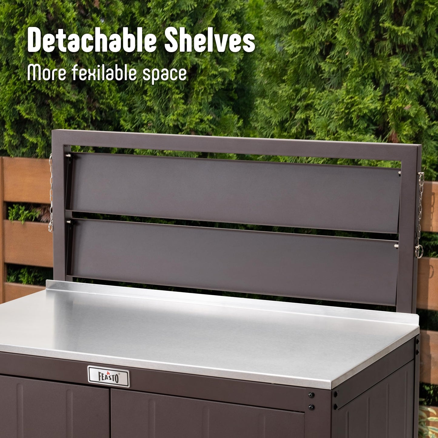 Feasto Outdoor Potting Bench Table with Storage Cabinet, Stainless Steel Garden Workstation, Raised-Edge Top, Adjustable Shelf & Removable Hutch for Patio, Balcony & Outdoor Workspace, Brown