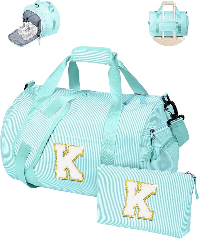 Daughter Birthday Gifts, Girl Gym Bag, Kids Initial Overnight Duffel Bags with Shoe Compartment, Personalized Travel Bag with Makeup Pouch, Teen Girl Gift Trendy Stuff (Letter K)