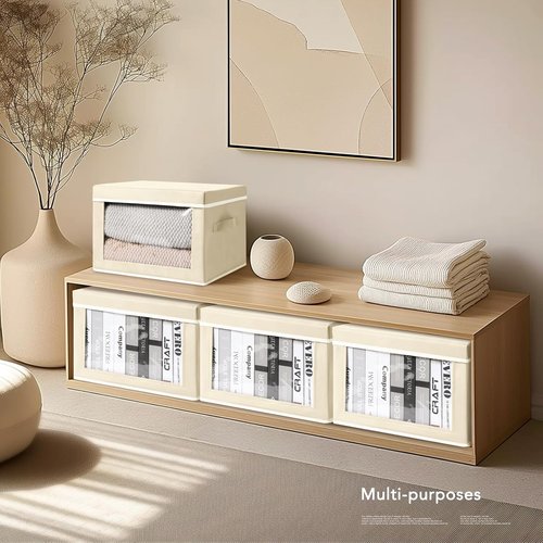 Homsorout Storage Cubes - 5 Pack Foldable Clear Window Bins for Clothes & Blankets | Large Beige Containers