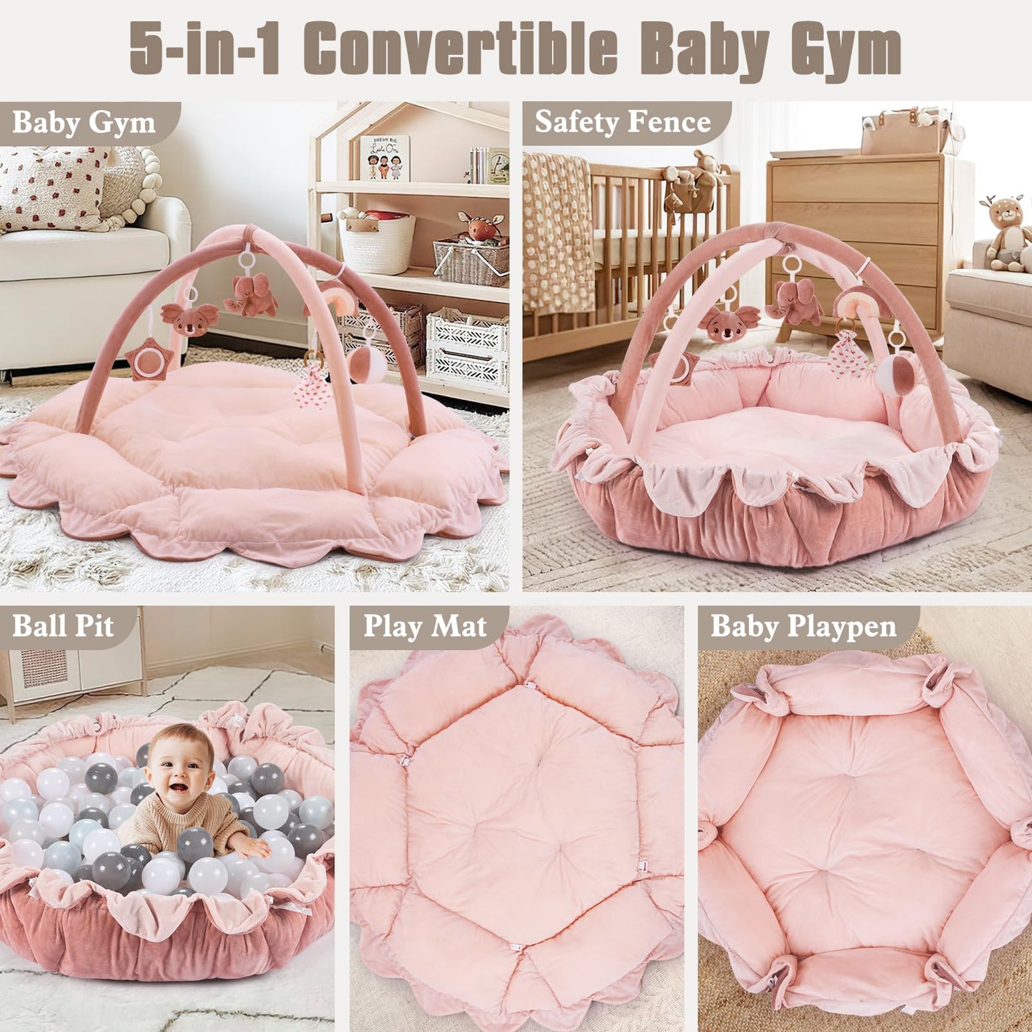 5-in-1 Plush Baby Play Gym, Activity Mat with Convertible Gym, Baby Gym 6 Sensory Toys, Play Center for Newborn to Toddler, Pink