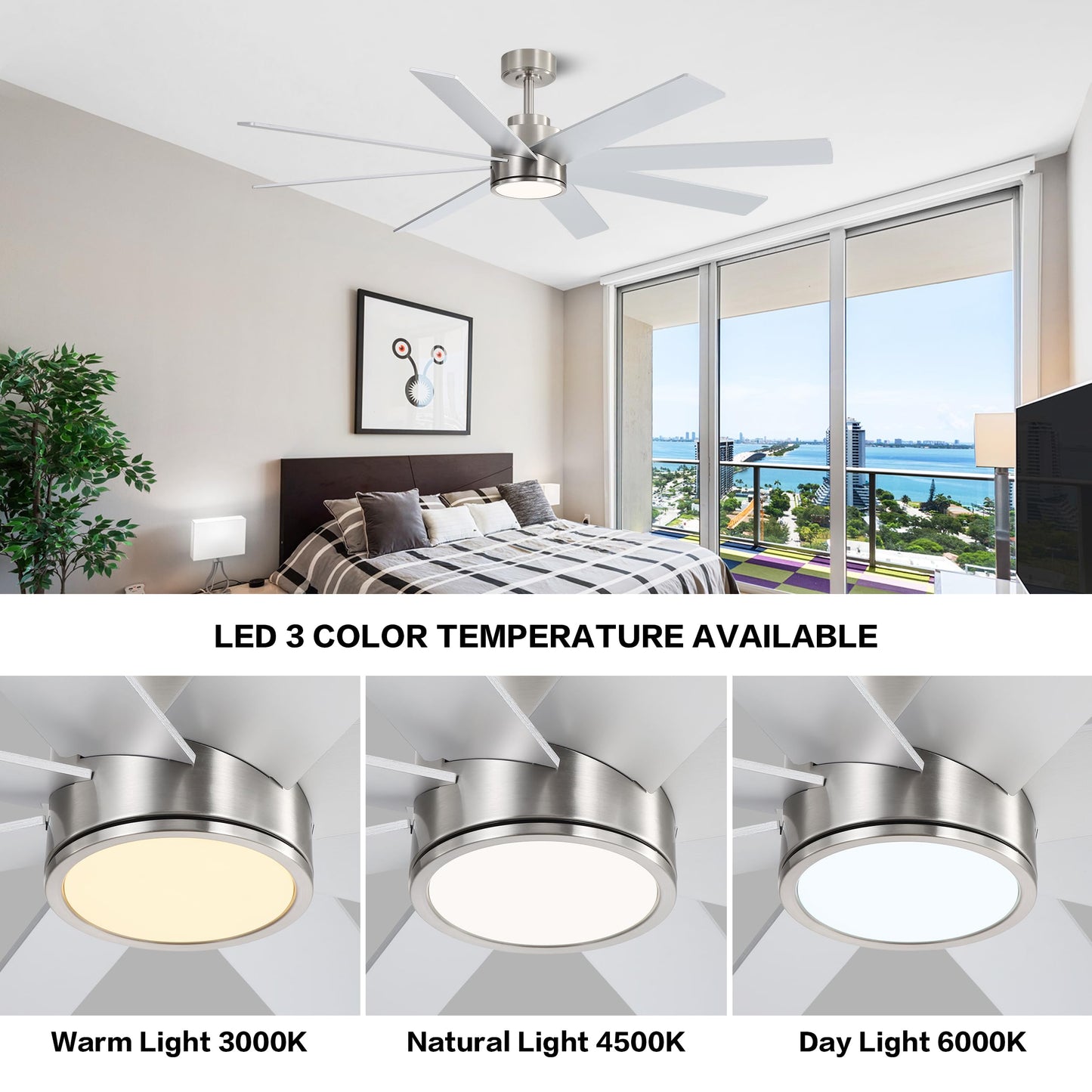 WINGBO 72" Large DC Ceiling Fans with Lights and Remote, 3 Downrods, 8 Plywood Blades, 6-Speeds Reversible DC Motor, 3CCT, Indoor Ceiling Fan for Bedroom Living Room Patio, Brushed Nickel and Silver
