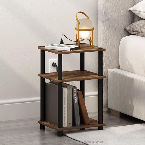 Furinno Night Stand - 3-Tier Turn-N-Tube Bedside Table with USB & Type-C Charging Ports | Amber Pine