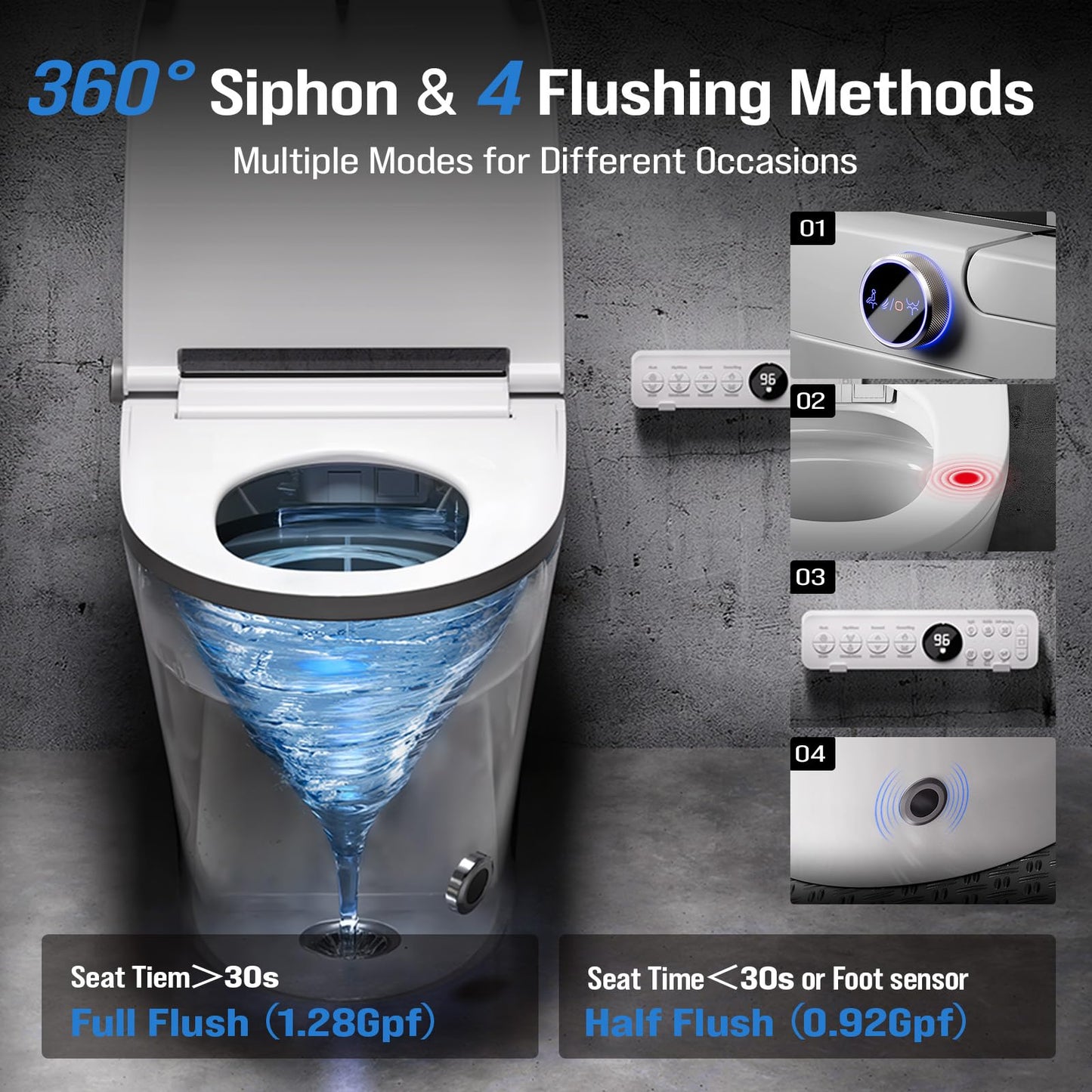 Smart Toilet with Bidet Built-in, Auto Flush Modern Bidet Toilet Combo with Foot Sensor, Heated Seat, Warm Air Dryer & LED Display, Tankless One Piece Elongated Electric Toilet, 1.28 GPF