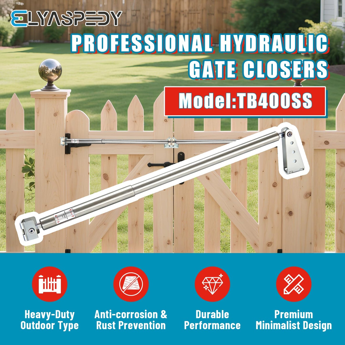 TB400SS Hydraulic Outdoor Gate Closer for 75 to 175 lbs, Stainless Steel, Width 40 to 64 Inches, Opening Pressure 6 to 12 Pounds, for Farms, Ranches, Gardens, Sports Complexes, Home Yards