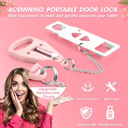 AceMining Portable Door Lock - Enhance Home Security & Privacy | Travel Lockdown for Hotels & Apartments - Pink (1 Pack)