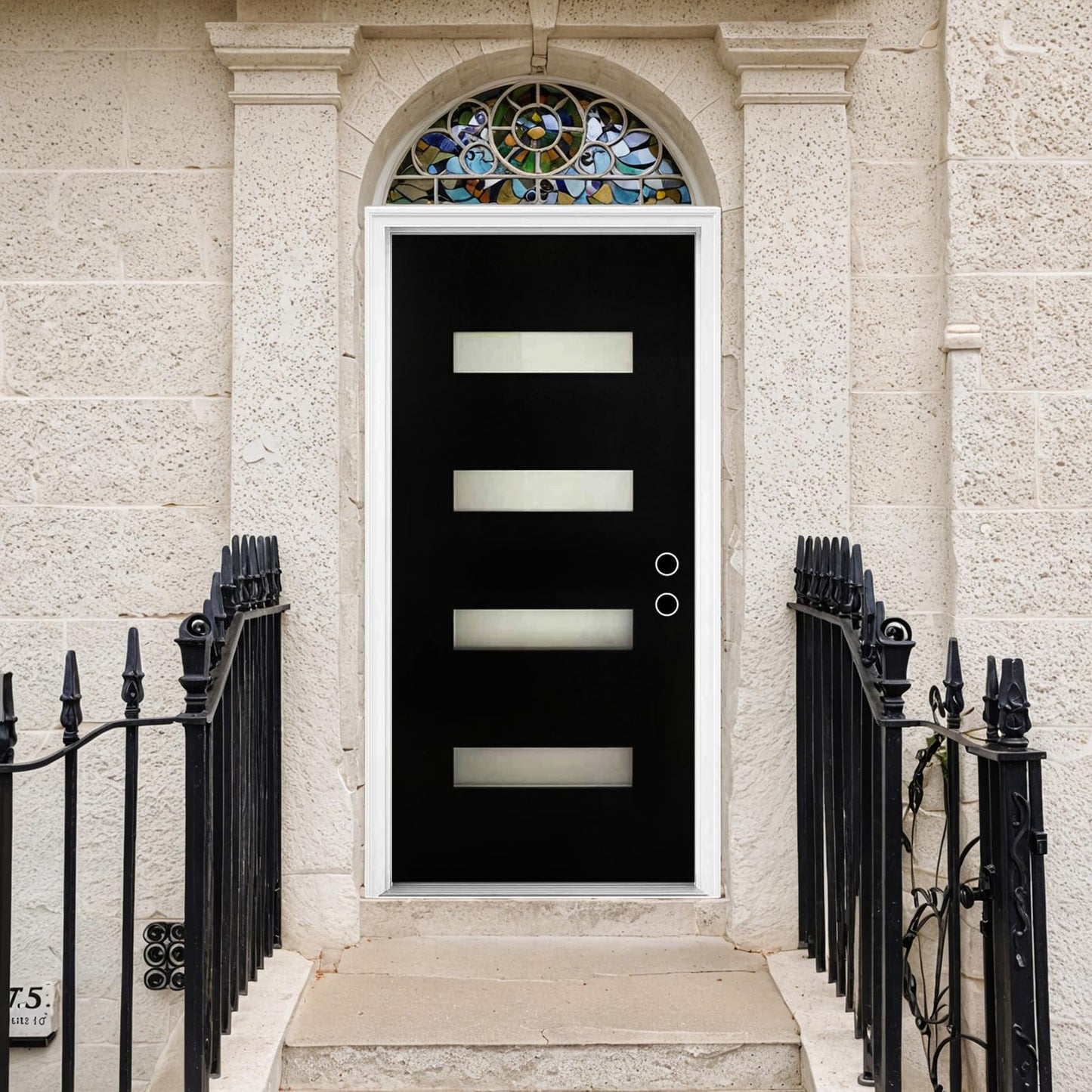 36 x 80 Fiberglass Entry Door with Brickmould, Black Finish Knock-Down Fiberglass Door with 4-9/16 Vinyl Frame, 4-Lite Frosted Glass - Contemporary Style for Home's Front Entrance Left Hand Inswing