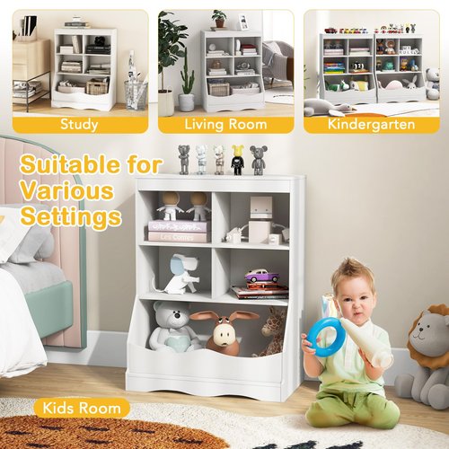 HONEY JOY Kids Toy Storage Organizer with Bookcase, 4-Cubby Organization Storage Cabinet w/Display Shelf, Wooden Toy Storage Unit for Playroom, Nursery Daycare(White)