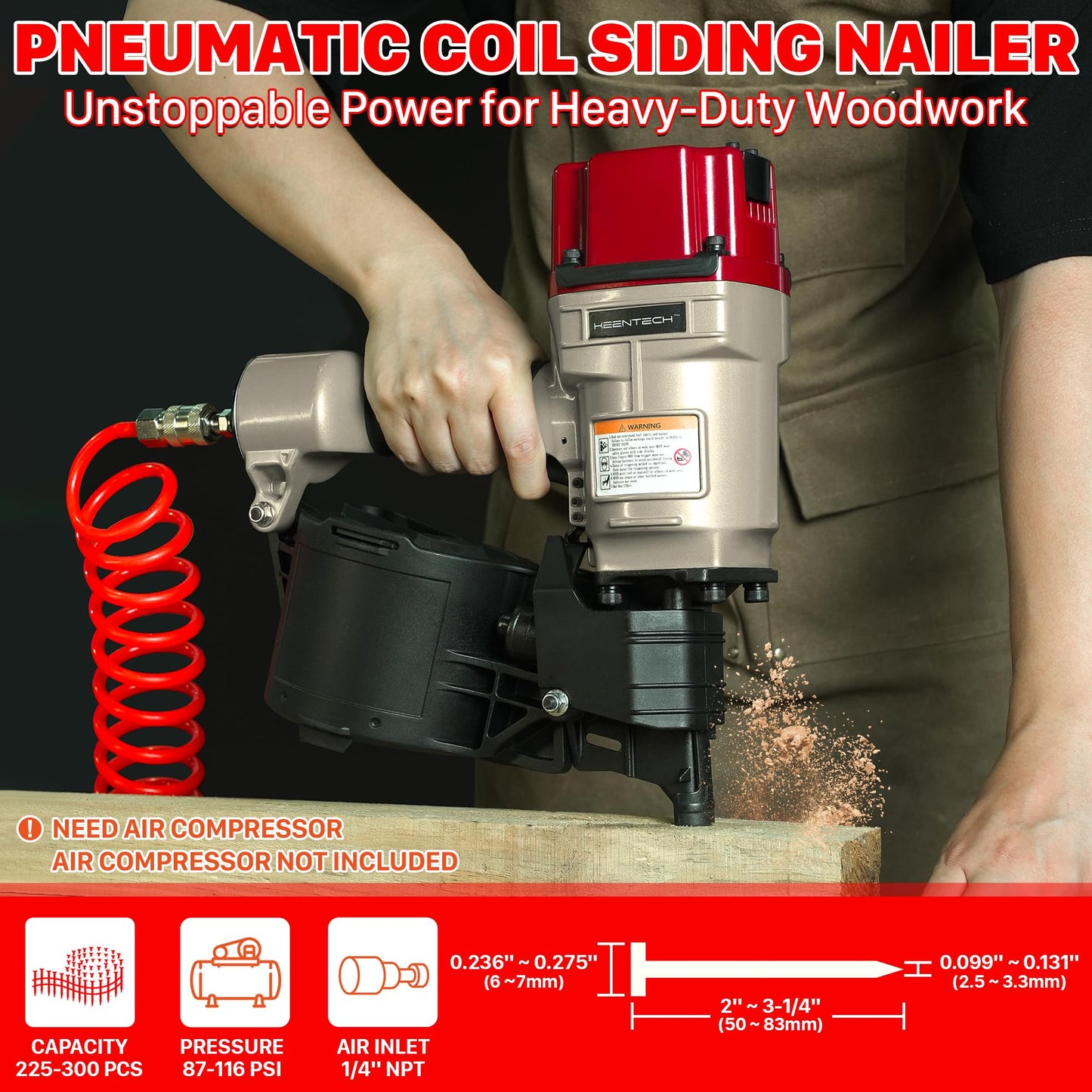 KEENTECH Pneumatic Siding Nail Gun for 2" to 3-1/4" 15-Degree Nails, Coil Siding Nailer with Bump Firing for Fast Nailing Speed, Coil Nail Gun for Pallet, Siding, Crating, Decking, Framing, CN80