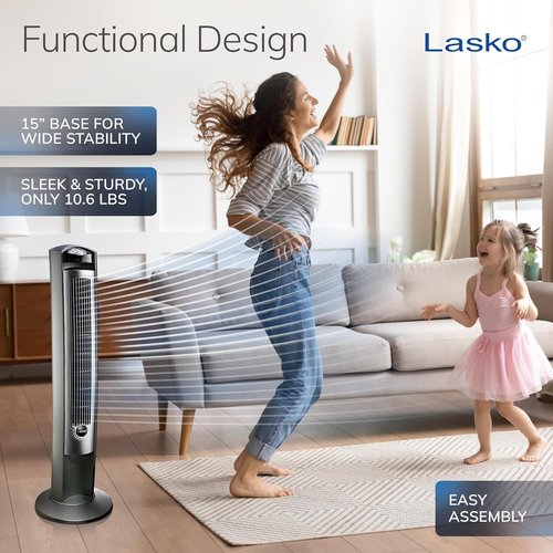 Lasko Oscillating Tower Fan - Quiet 42" Floor Fan with Remote Control | Sleek Silver Design