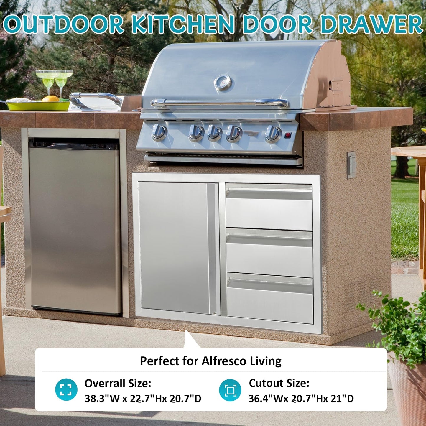 FORJAMINT Outdoor Kitchen Door Drawer Combo Cabinet,38.1W x 22.6H x 20.8D Stainless Steel with Handles,Triple Drawers & BBQ Access Combo for Outdoor Kitchen Island (Drawer and Left Door Combo)