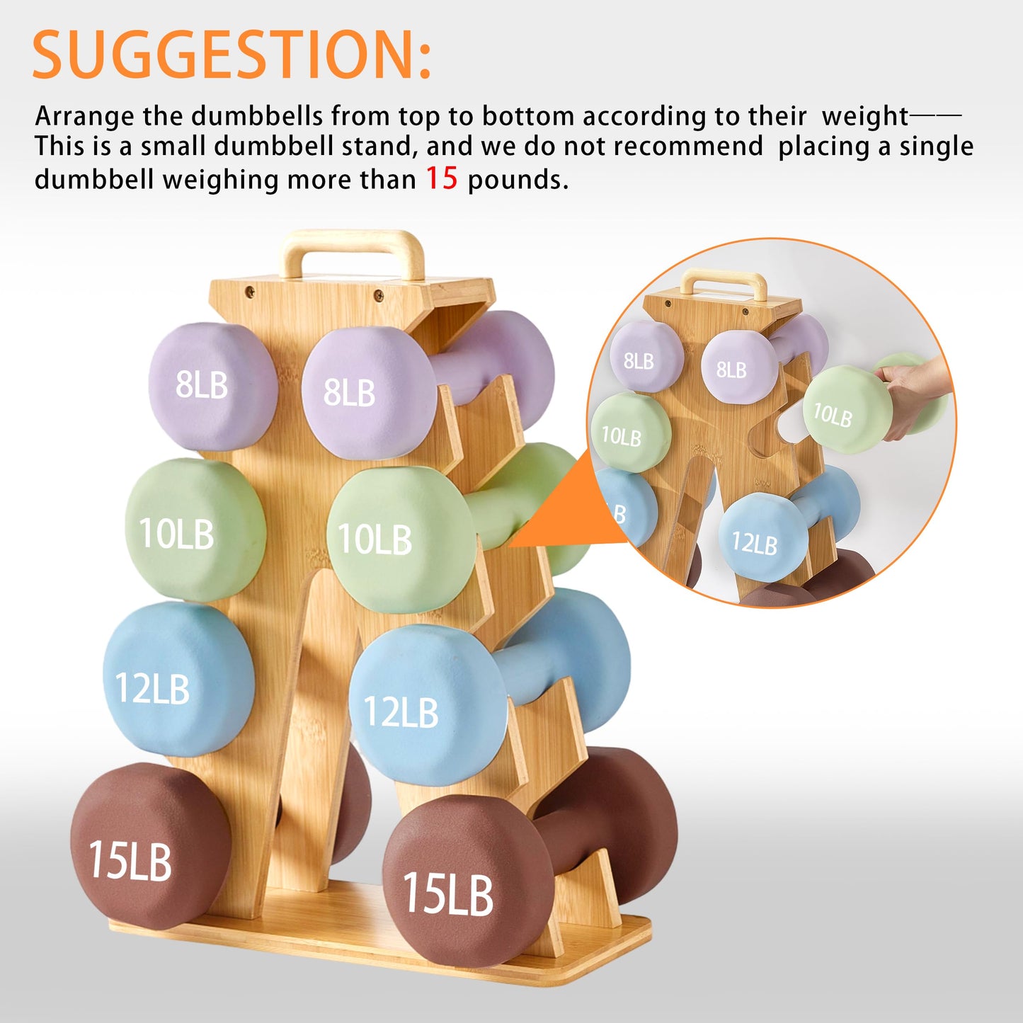 Wooden Dumbbell Rack Stand Gift for Fitness Lovers, Compact A-Frame Weight Holder for 8-15lb Dumbbells, Stylish Space-Saving Organizer for Home Gym (Dumbbell Rack Stand Only)