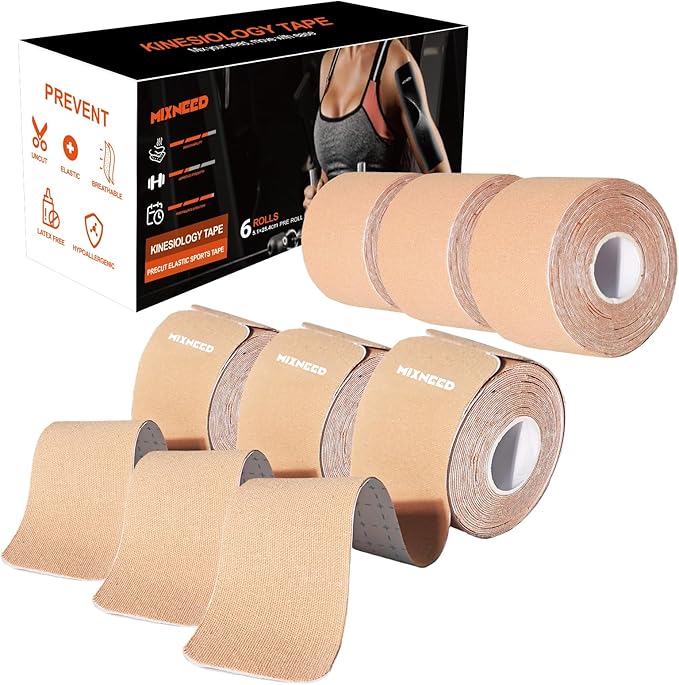 Waterproof Kinesiology Tape Roll Precut Rock Tape for Knee | Copper Elastic Sports Tape (120ct 6 Rolls Beige)