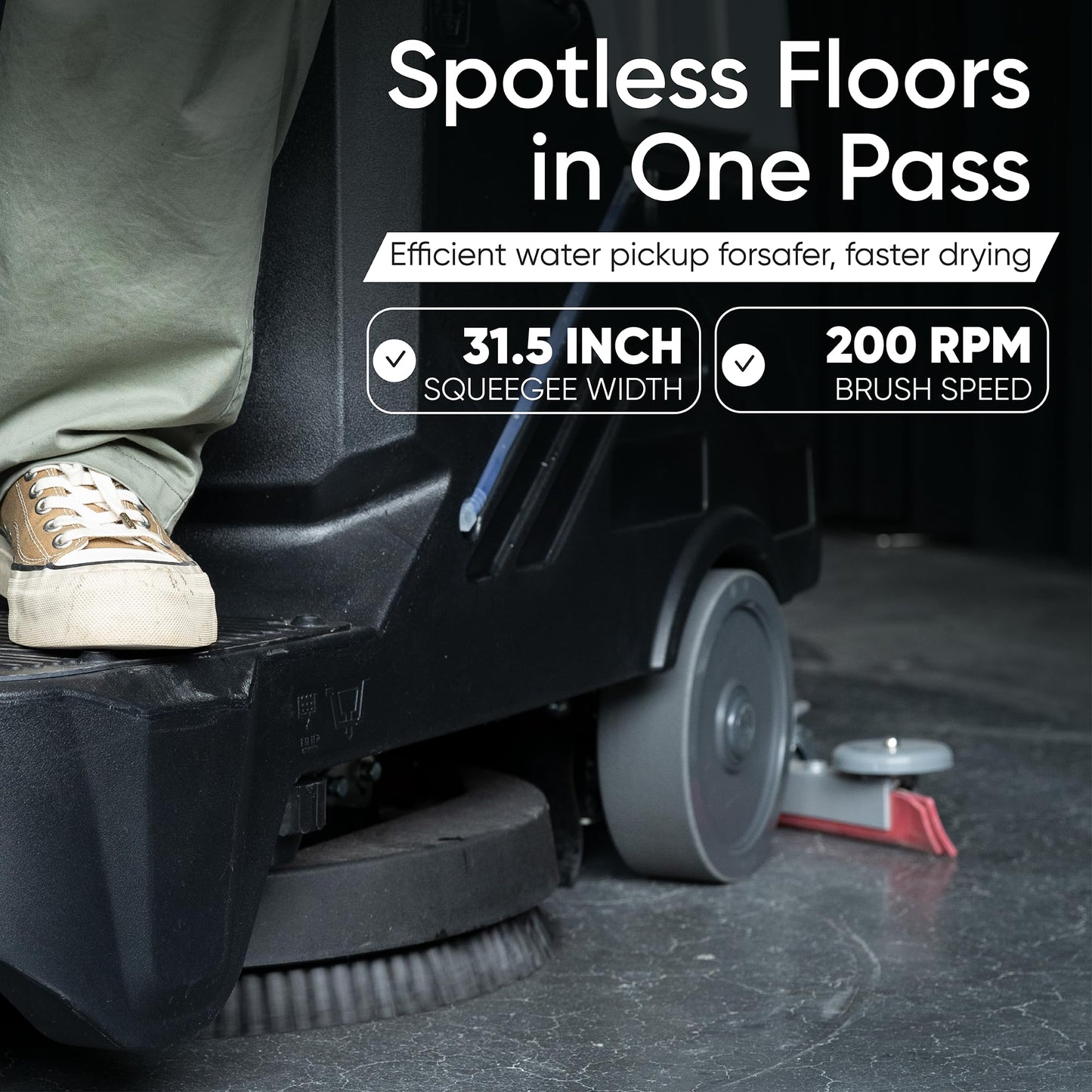Battery Powered Ride-On Commercial Floor Scrubber Machine, 22" Brush, 31.5" Squeegee Width, 19 gal Solution Tank, 20 gal Recovery Tank, 5 hr Use 7 hr Charge, 200 RPM, 48,400 Sqft/H, Batteries Included
