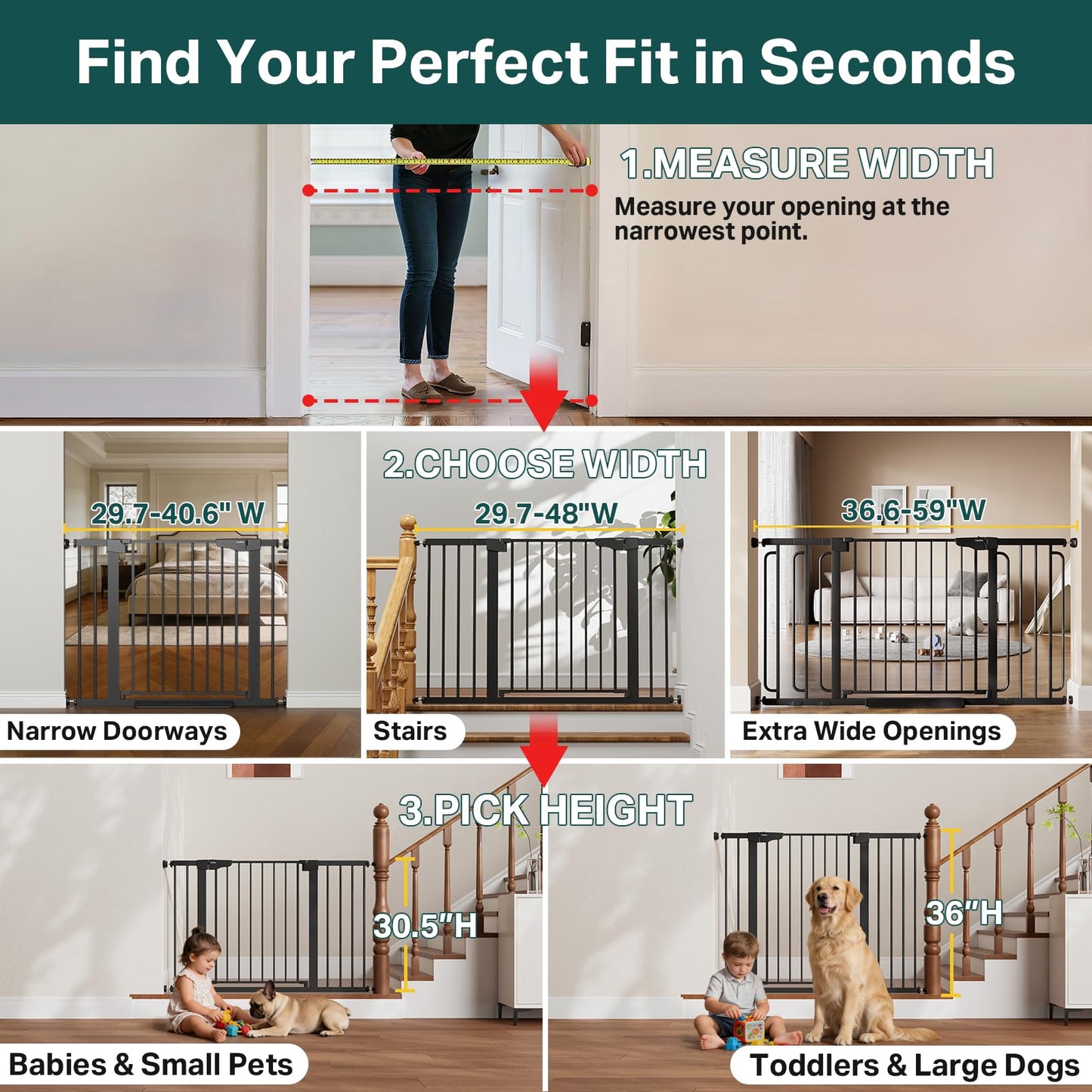 Cumbor 29.7-48" Baby Gate for Stairs, Mom's Choice Awards Winner-Dog Gate for Doorways, Auto Close Safety Pet Gate for Dogs Indoor, Easy Install Pressure Mounted Child Gate with Walk Thru Door, Black
