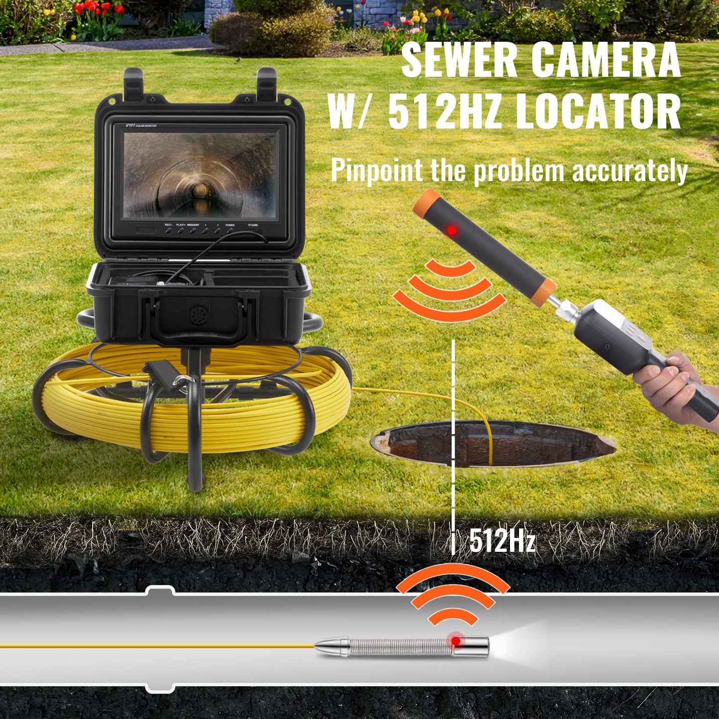 VEVOR Sewer Camera with 512Hz Locator, 165 ft/50 m, 9" Pipeline Inspection Camera with DVR Function, IP68 Camera with 12 Adjustable LEDs, 16GB SD Card for Sewer Line, Home, Duct Drain Pipe Plumbing