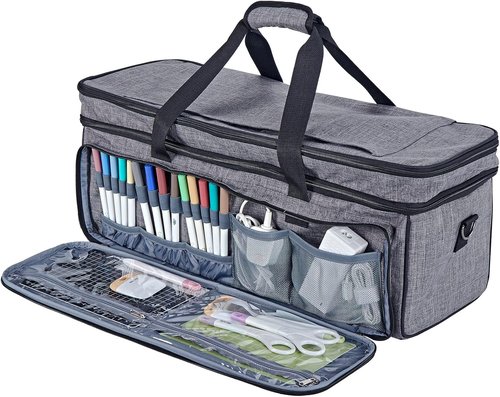 HOMEST Double Layer Carrying Case - Mat Pocket for Cricut Maker 4 & Explore 4 | Multi Front Pockets, Grey