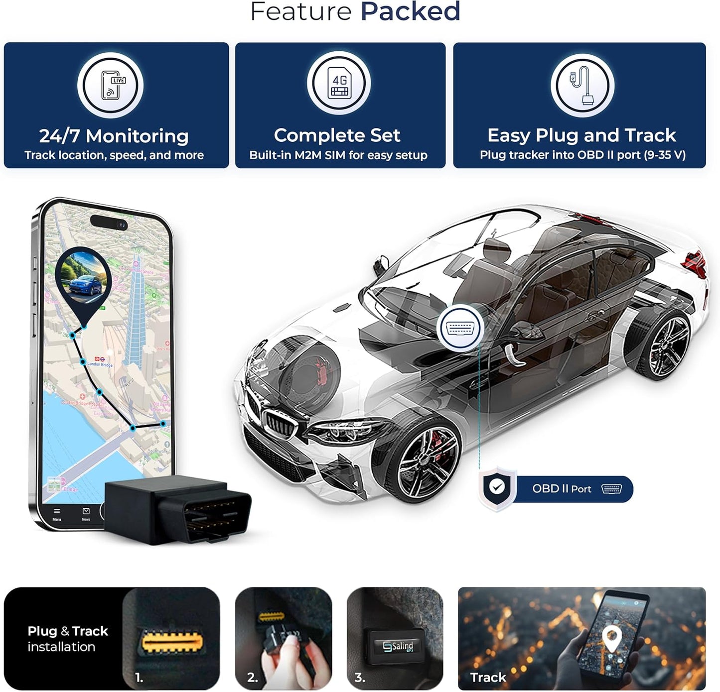 Salind GPS 4G 9-35V LTE OBD Fleet and Vehicle Tracker Hidden Car, Truck, Trailer Locator with Real-Time Monitoring
