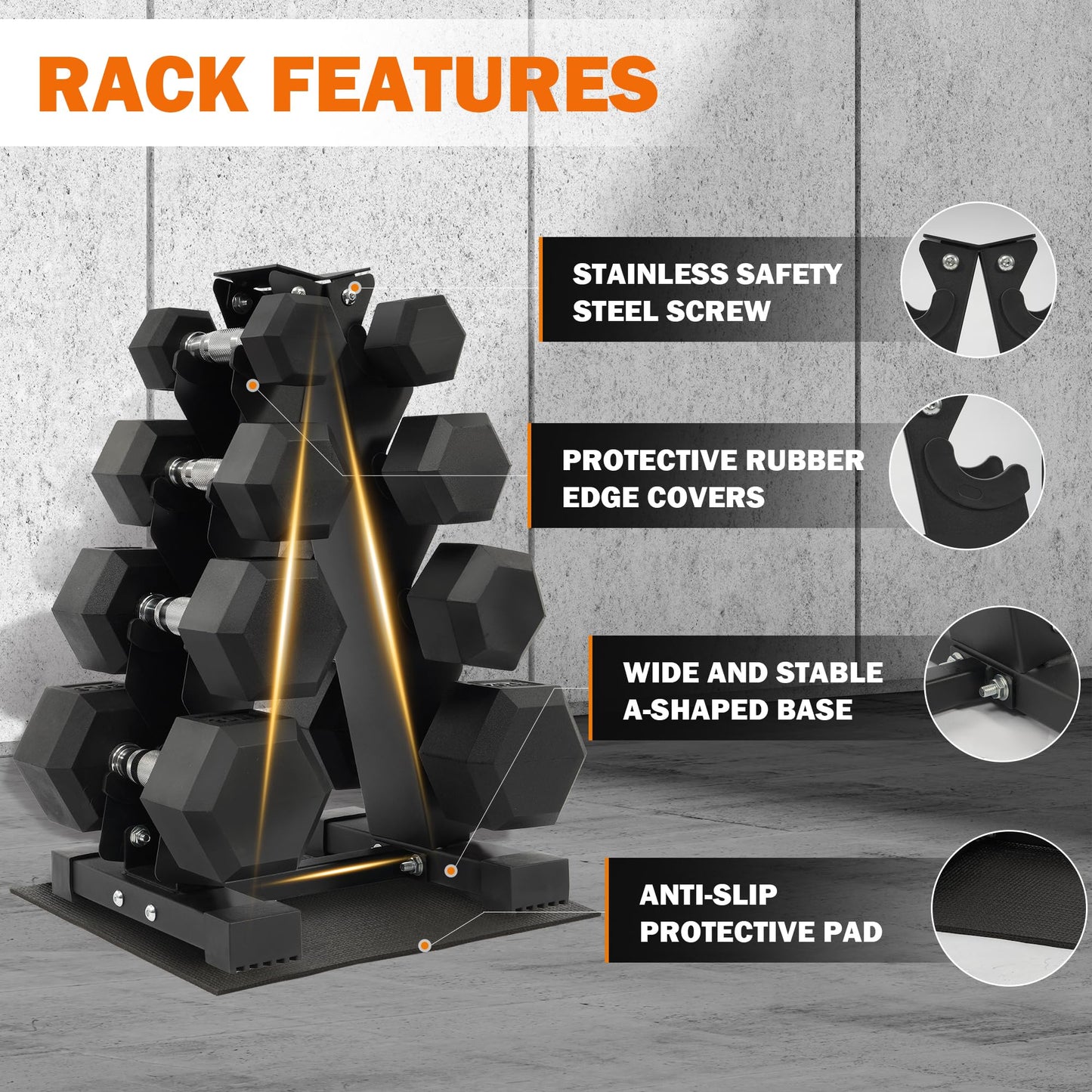 Fitvids 100LB Rubber Coated Hex Dumbbell Weight Set with Storage Rack, 5-20LB Free Weights with Anti-Slip Handle for Home Gym