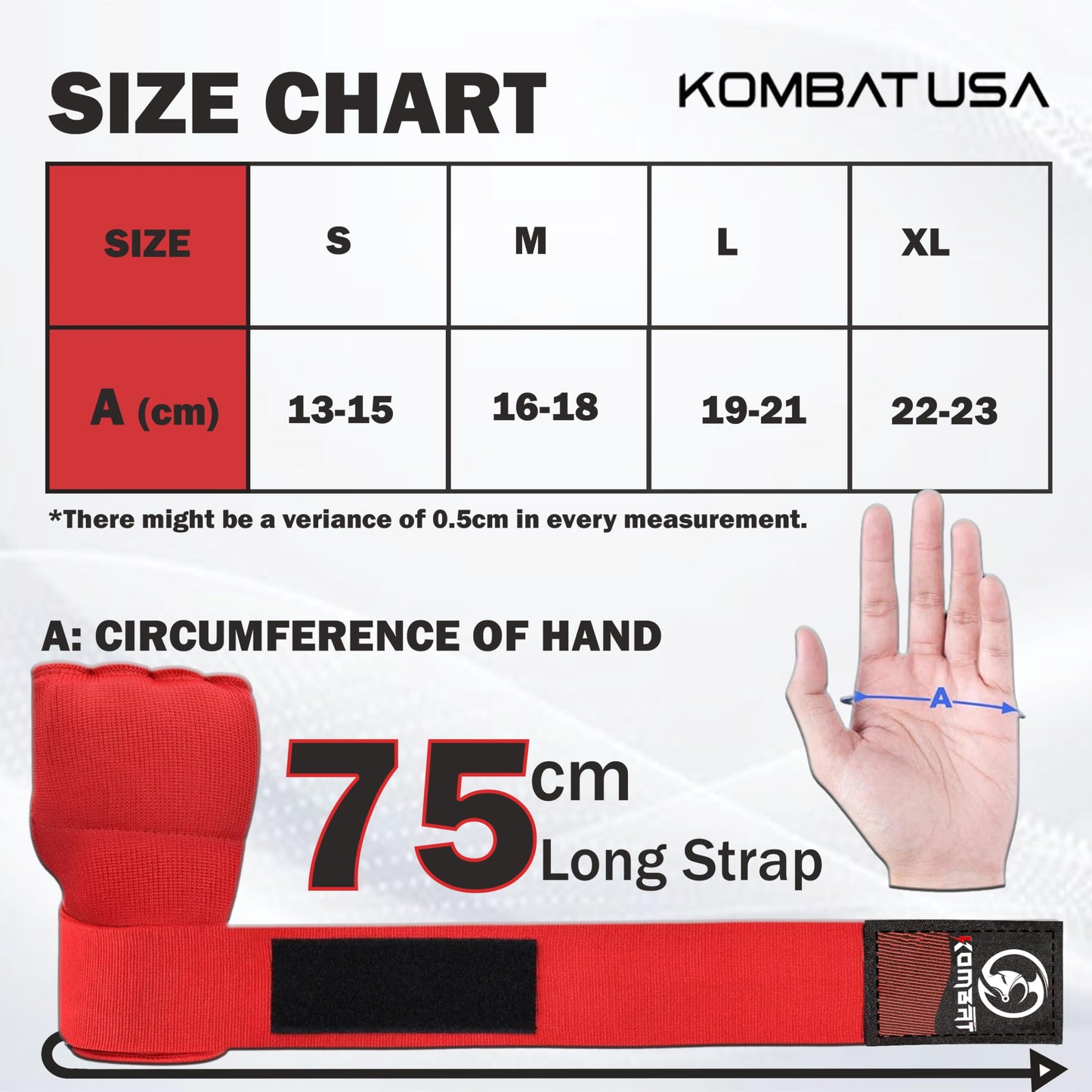 Kombat Gel Boxing Hand Wraps, Padded Inner Gloves for Men & Women, 75cm Quick Wrist Wraps, Knuckle & Wrist Protection for Muay Thai, MMA, Kickboxing, Martial Arts, Punching Training (Red, X-Large)