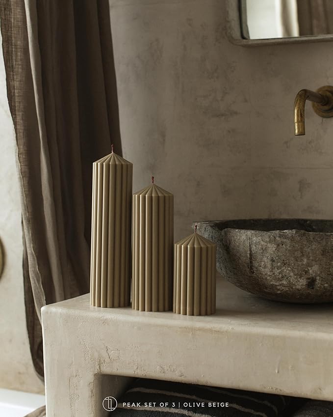LAWA Ribbed Peak Pillar Candle - Large Beautiful Handmade Pillar Scented Soy Wax Candle Elegant Bubble Aesthetic Candle Housewarming Gift Home Room Shelf Decor Idea White (Set of 3, Olive Beige)