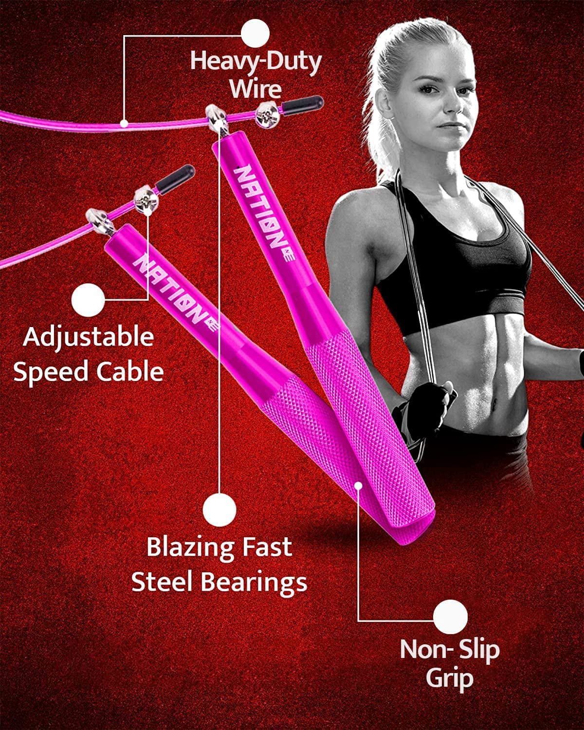 WOD Nation Adjustable Jump Rope - Aluminum Speed Rope & 360° Smooth Rotation - Durable Alloy Steel Handles for Fitness - 10 ft Adjustable Length for Boxing Workouts - Pink, Alloy Steel