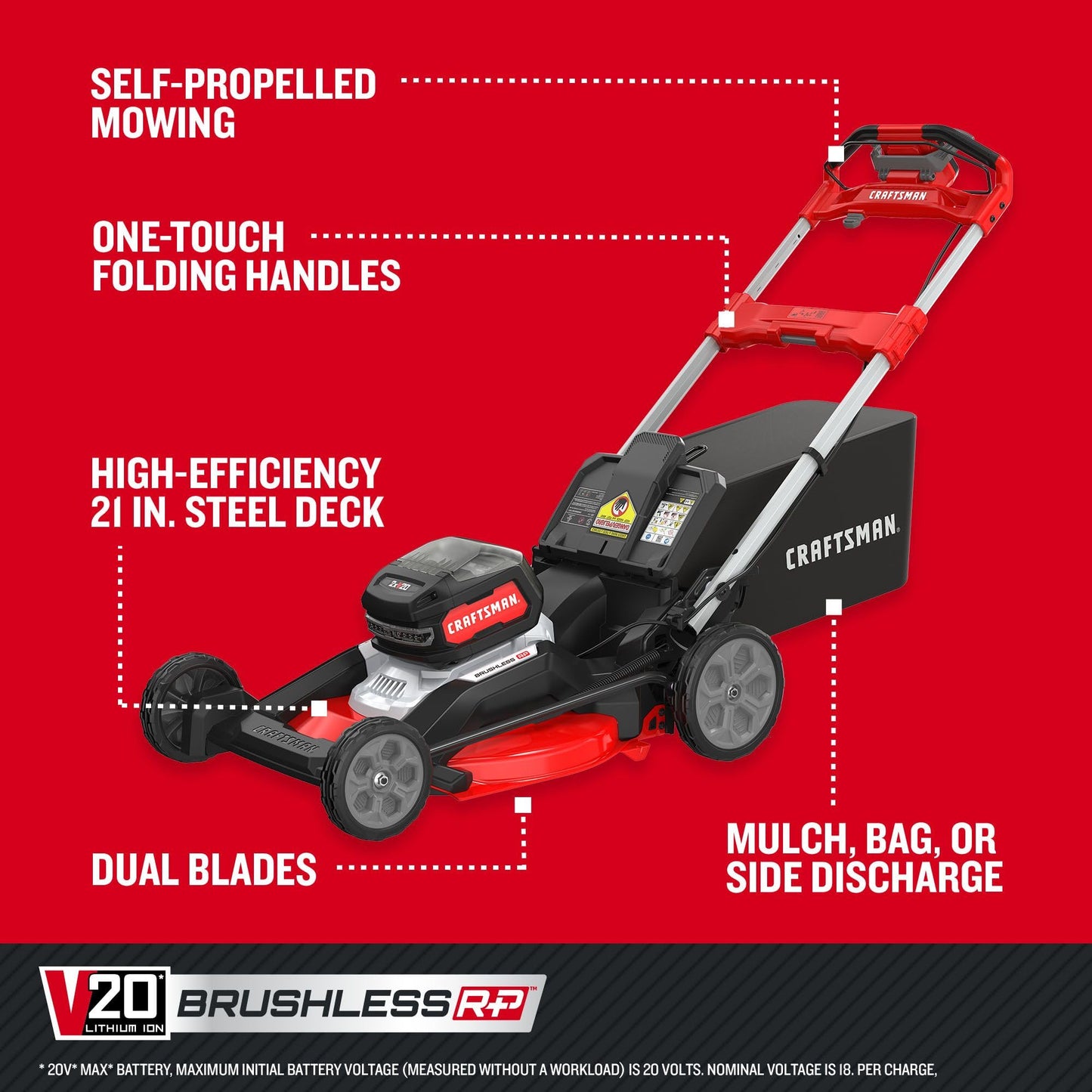 CRAFTSMAN V20 BRUSHLESS RP 21 in Rear Wheel Driver Mower, 2 x 9Ah Batteries and 2 Chargers Included, Up to 70 Min of Runtime, Self-Propelled, LED Headlights, Dual Blades (CMCMWSP320X2)