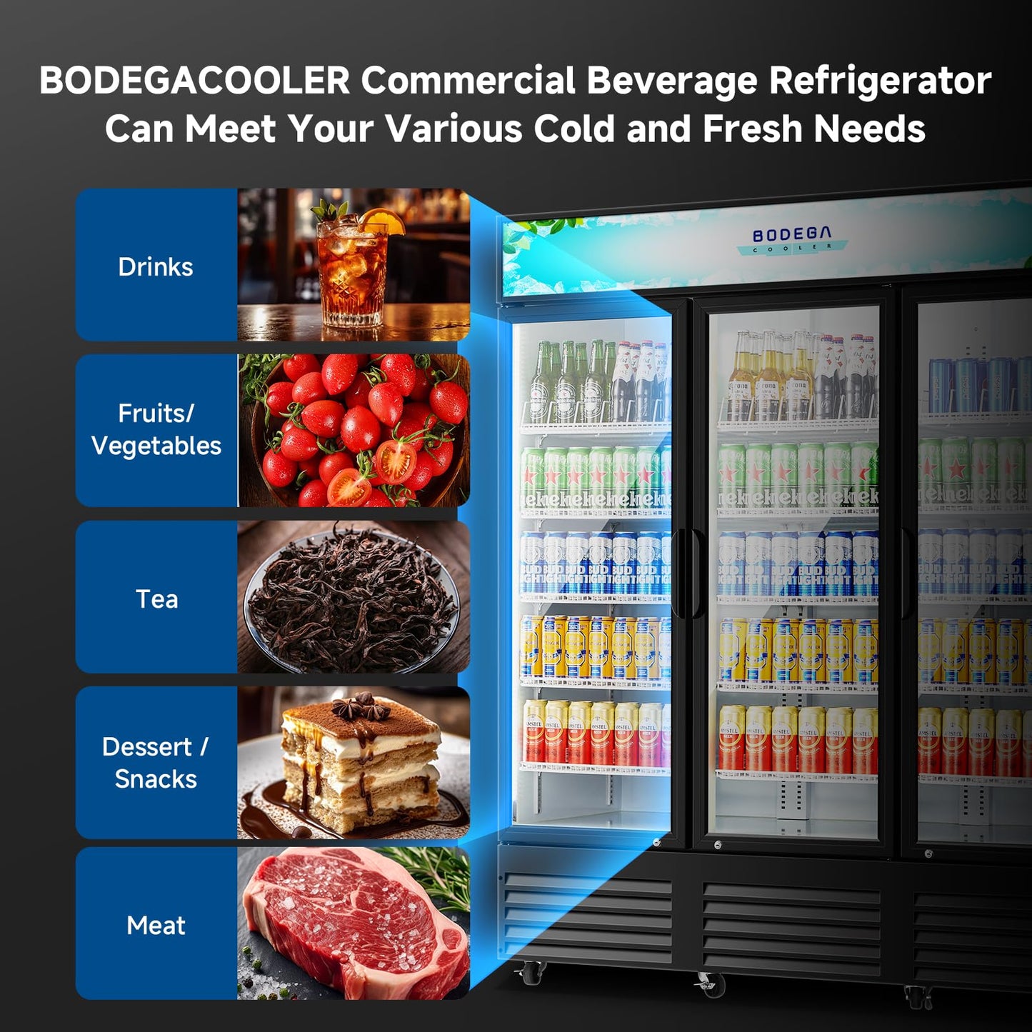 BODEGACOOLER Commercial Merchandiser Refrigerator,3 Glass Door Commercial Beverage Refrigerator, Beverage Display Cooler with Soft LED Light, Adjustable Shelves and 8 Strong Castors, 53 Cu. Ft,Black