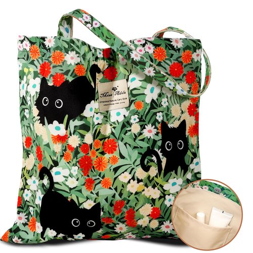 Miss Adola Aesthetic Cotton Tote Bag for Women - Reusable Grocery Bag with Buckle Green Three Cats Fabric Shoulder Bag for Shopping, Gym, Travel, Work
