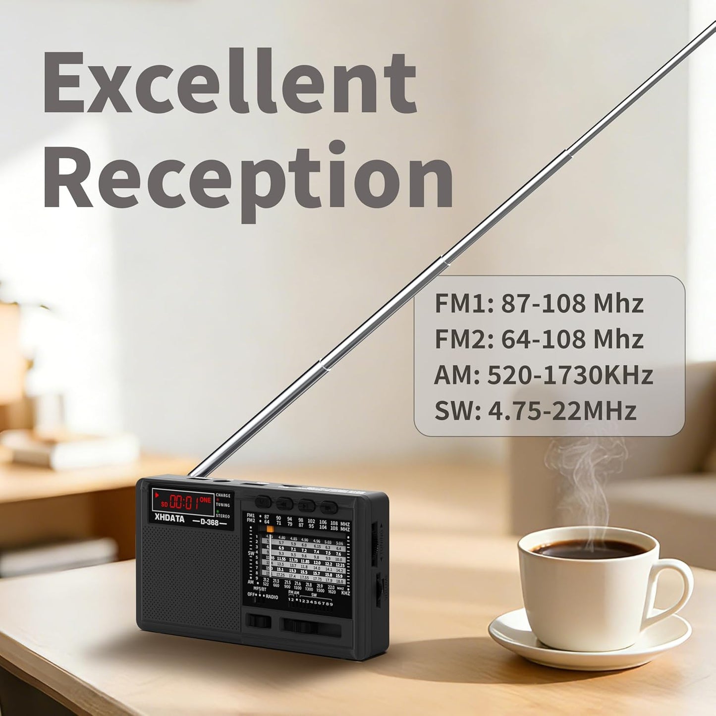 XHDATA D368 12 MP3 Portable Shortwave Radio AM FM SW Band DSP Stereo Player Wireless BT Speaker with Rechargeable